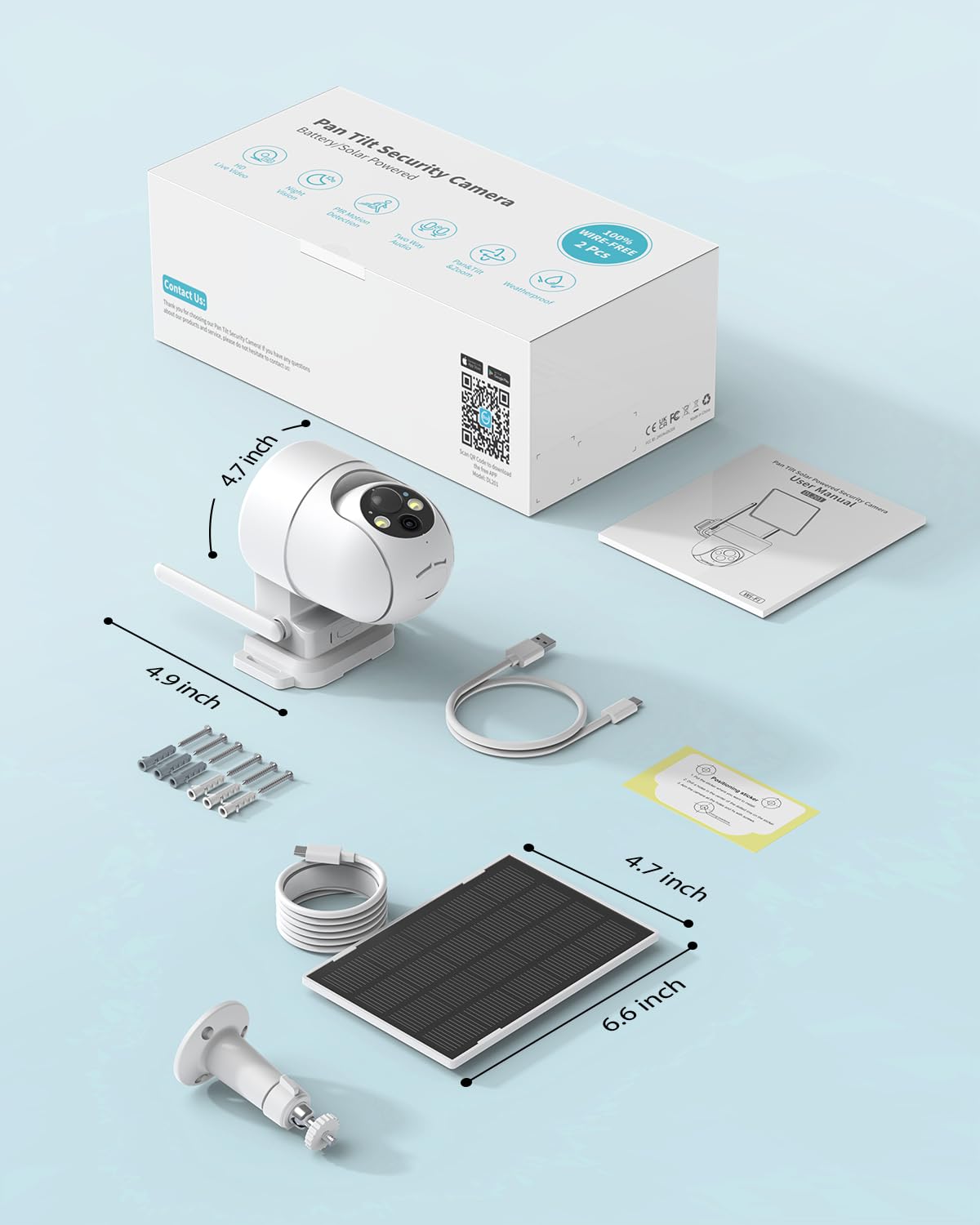 SEHMUA Camara Vigilancia WiFi Exterior Solar, 2K Cámaras de Vigilancia sin Cables con Batería, 360° PTZ, Visión Nocturna Color, 2.4 GHz Wi-Fi, PIR Detección, Audio Bidireccional, IP66, 2 Piezas