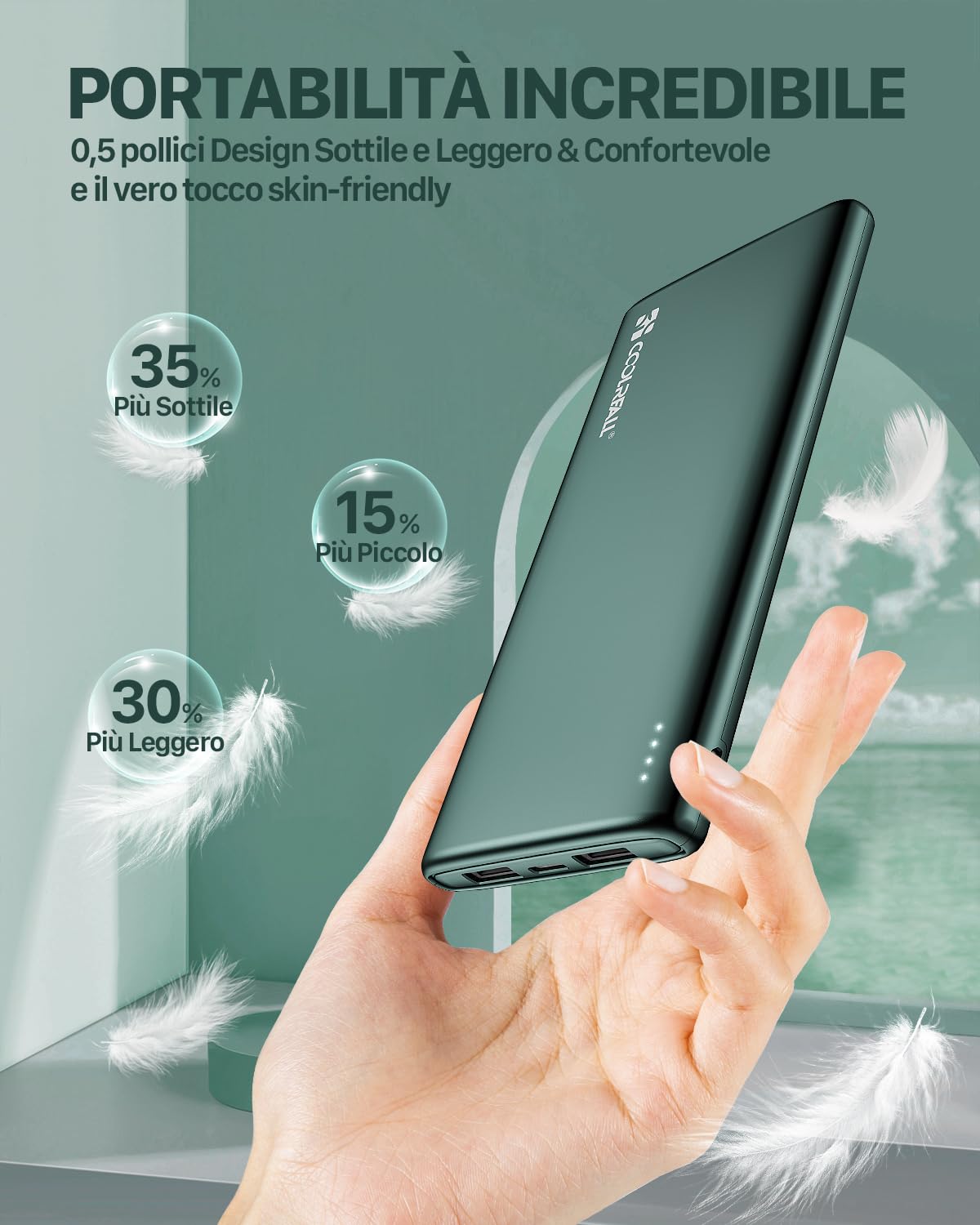 Coolreall Power Bank 10000mAh, [Sottile & Leggero] Caricatore Portatile, Batteria Esterna PowerBank con USB C Uscita/Ingressi (3.0A) & 2 Uscite (2.4A), Compatibile per iPhone, Samsung, Huawei, Xiaomi