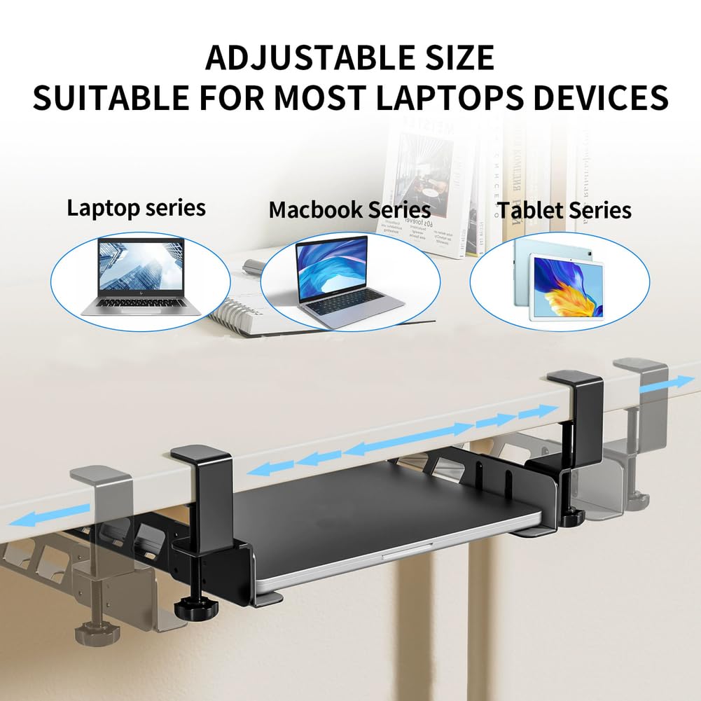 Supporto regolabile per laptop sotto la scrivania, supporto sospeso in metallo senza fori con cuscinetto in silicone per laptop, MacBook, tastiera