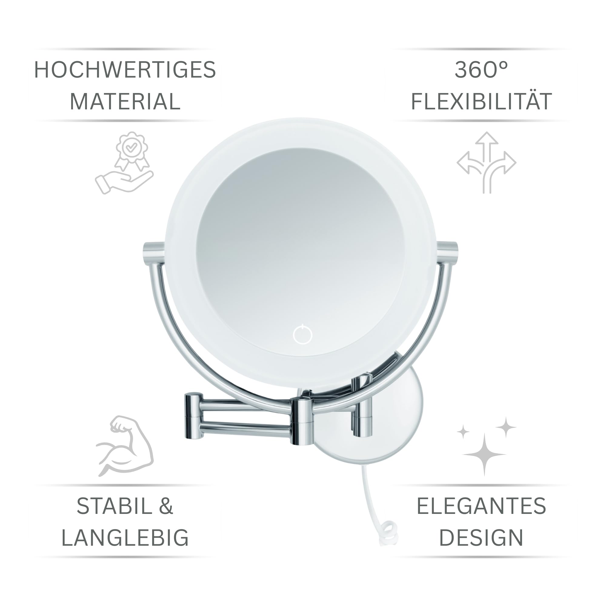Kosmetikspiegel XXL Tokio – LED Wand-Schminkspiegel mit Dimmerfunktion, Auto-Off, 5x/10x Vergrößerung und extra großer Spiegelfläche [Energieklasse E]