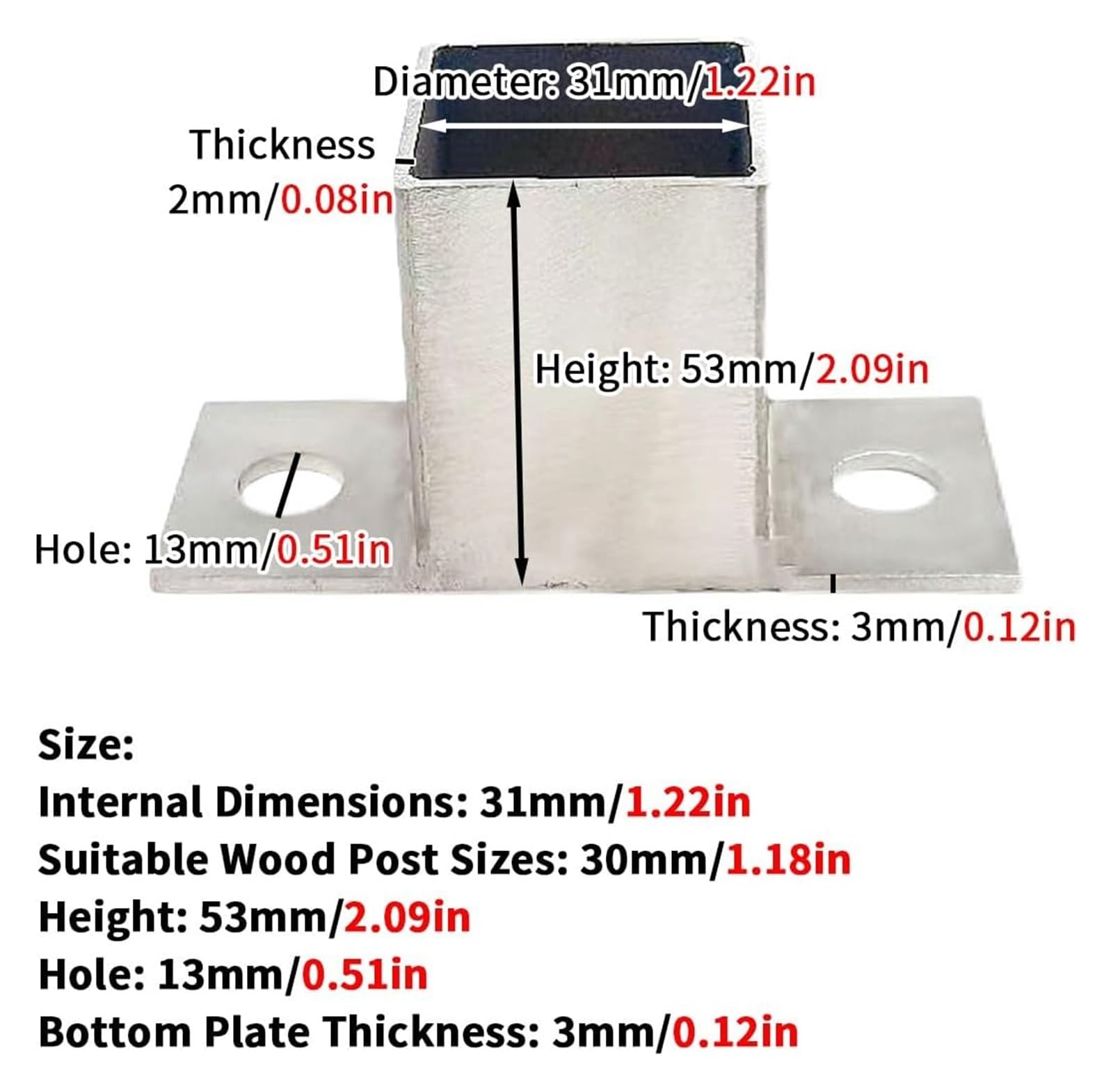 4 soportes poste hierro galvanizado tubo cuadrado(Diameter: 1.22in; H: 2.09in)