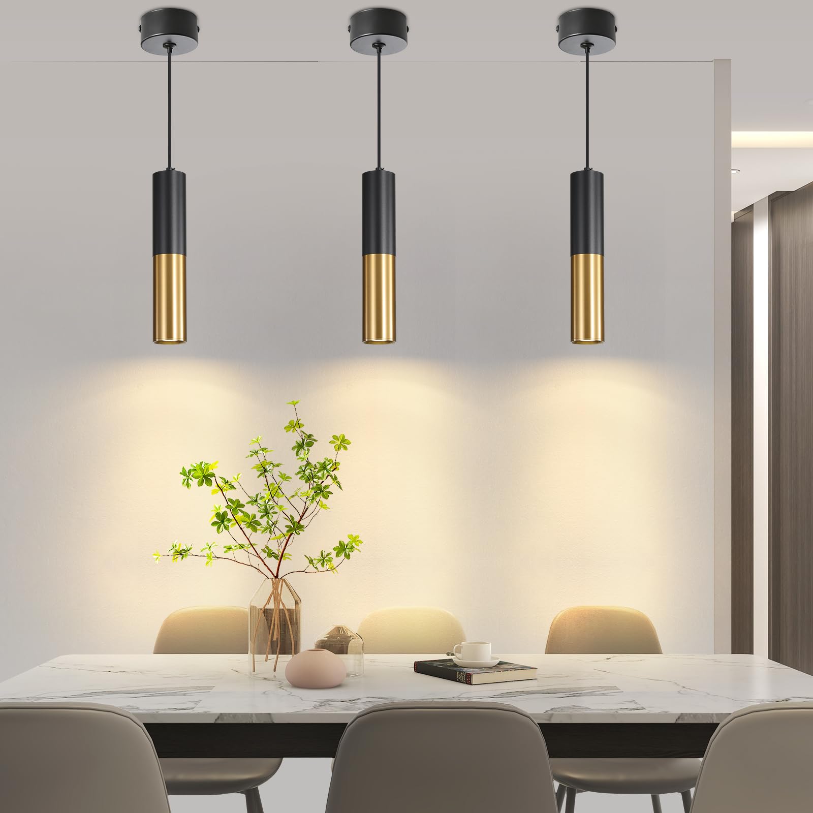 Mikeru Nowoczesna lampa wisząca LED, 3000 K/4500 k/6500 K, trójkolorowa lampa wisząca do sypialni, 30 cm, czarny + złoty żyrandol do lampy wiszącej, wyspy kuchennej, jadalni, biura i baru (3 sztuki)