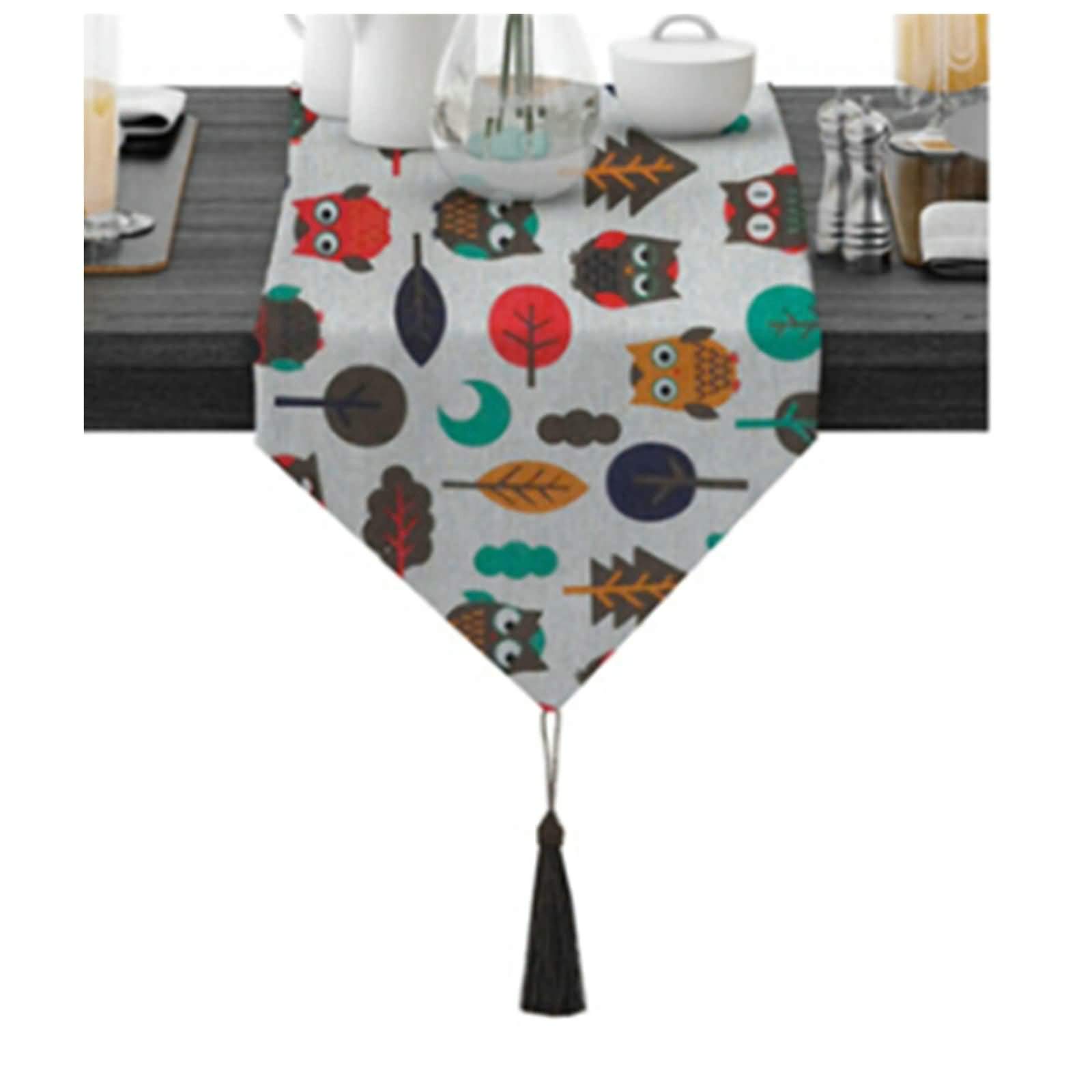 Aeici Camino de mesa de algodón moderno, diseño de búho y árbol, camino de mesa de 30,5 x 137,8 cm, camino de mesa para fiestas infantiles, marrón, rojo y verde