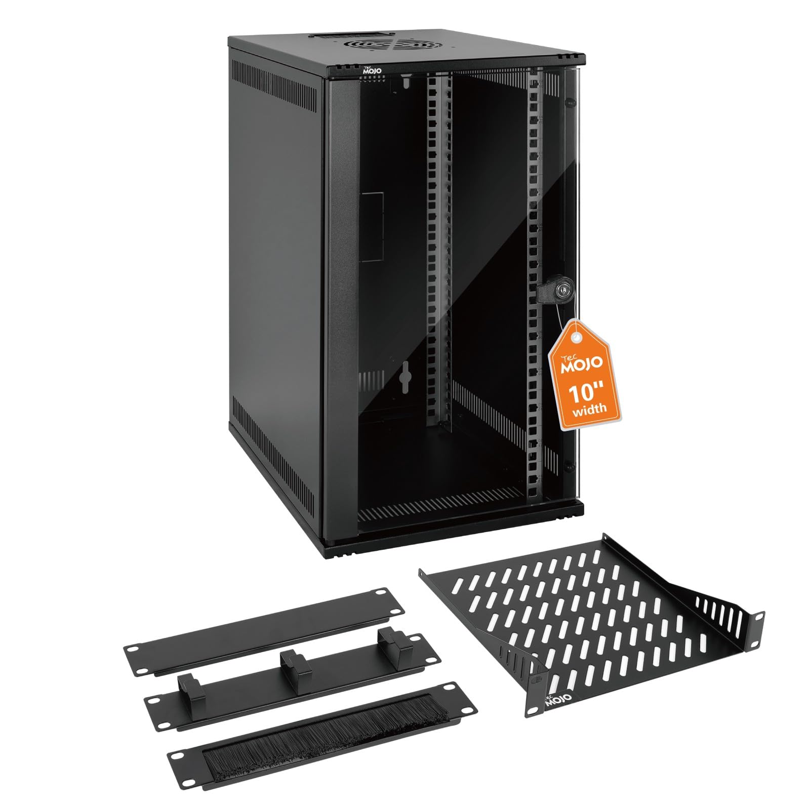 Tecmojo 10 Pulgadas 12U Gabinete de Red para Montaje en Pared, 330mm de Profundidad, con Estante para Rack, Paneles de Cepillos, Organizador de Cables, 50kg, Puerta de Cristal, Negro