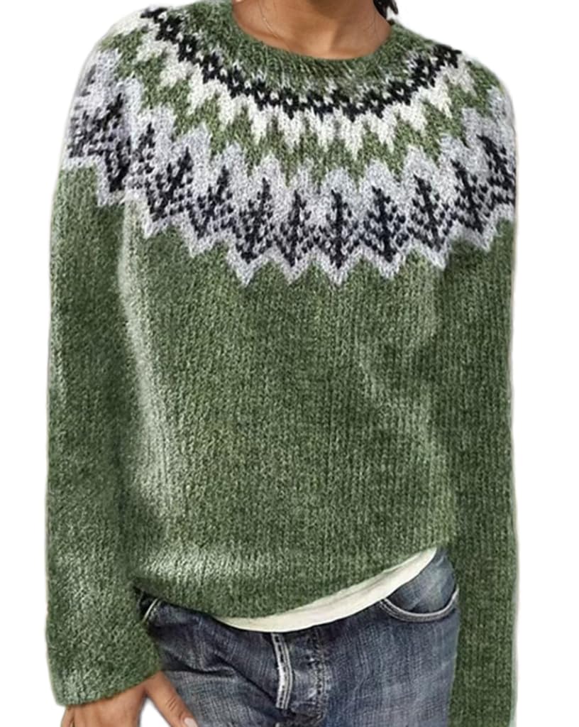 Womens Vintage Fair Isle Sweater Knitted Crewneck Long Sleeve Pullover Winter Sweaters Tops