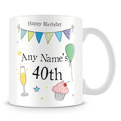 40th Birthday Gift for Men - Personalised Mug/Cup - Add Name - Party Design - Blue
