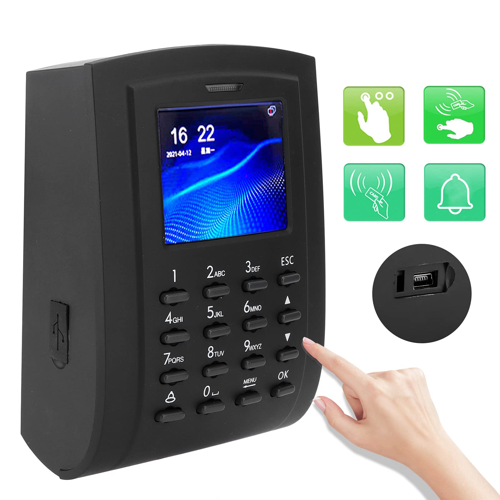 Attendance Machine, 2.4in Access Control Machine Password Card Attendance Checking Wiegand26 125KHz Door Bell