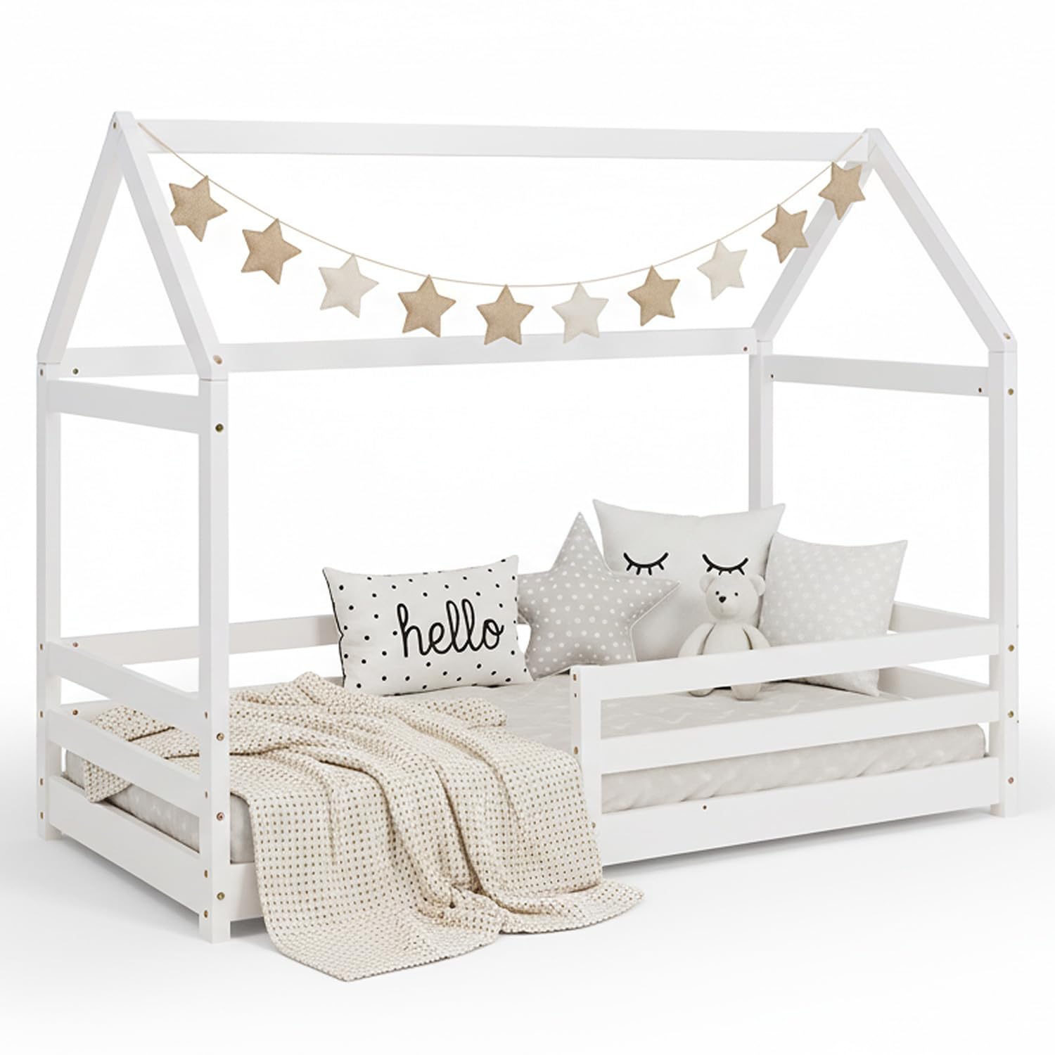 Homestyle4u Kinderbett Hausbett 80x160 cm – Weiß, Kiefernholz