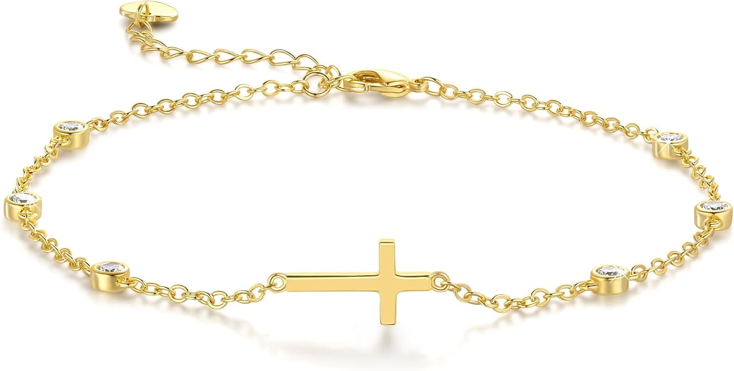 Gold Anklets for Women Ankle Bracelets for Women 14K Gold Anklets Bracelets for Womens Golden Anklet Cross Ankle Bracelet Spaced Evenly Cubic Zirconia Cross Anklet Bracelet for Womens Ankles 9.5+1.5in