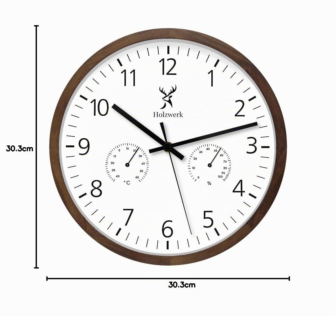 Holzwerk WEGBERG Wanduhr mit Temperaturanzeige und Hygrometer Feuchtigkeitsmesser Holz-Uhr lautloses Uhrwerk ohne Tickgeräusche Braun Buche Weiß lautlos Massivholz Natur Holz 30 cm (.HW.Braun.)