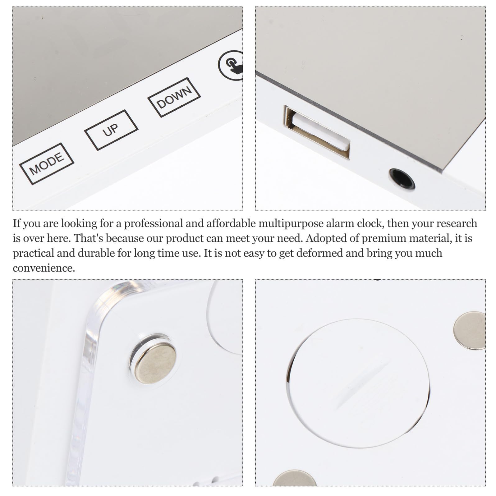 Orologio Elettronico Digitale da Tavolo con Display Temperatura e Umidità, Specchio Acrilico, Abs, Bianco, per Camera, Desktop