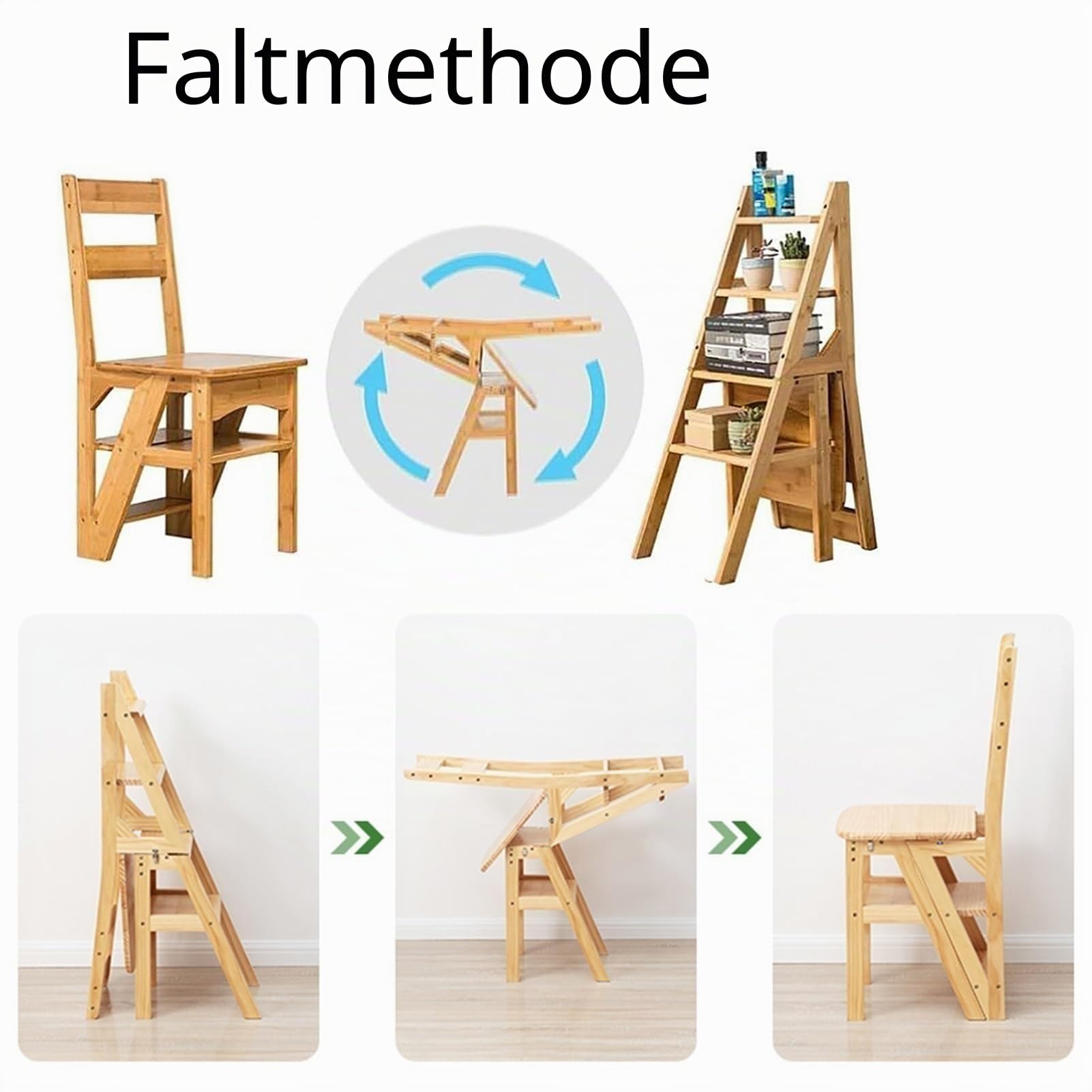 4-stufiger klappbarer Trittleiter Stuhl, wandelbarer Tritthocker aus Holz, 2-in-1-Bibliotheksleiter und -Sitz, klappbar, Mehrzweck für Zuhause, Küche, Büro, Wohnzimmer (Holz, 39 * 46 * 90cm)