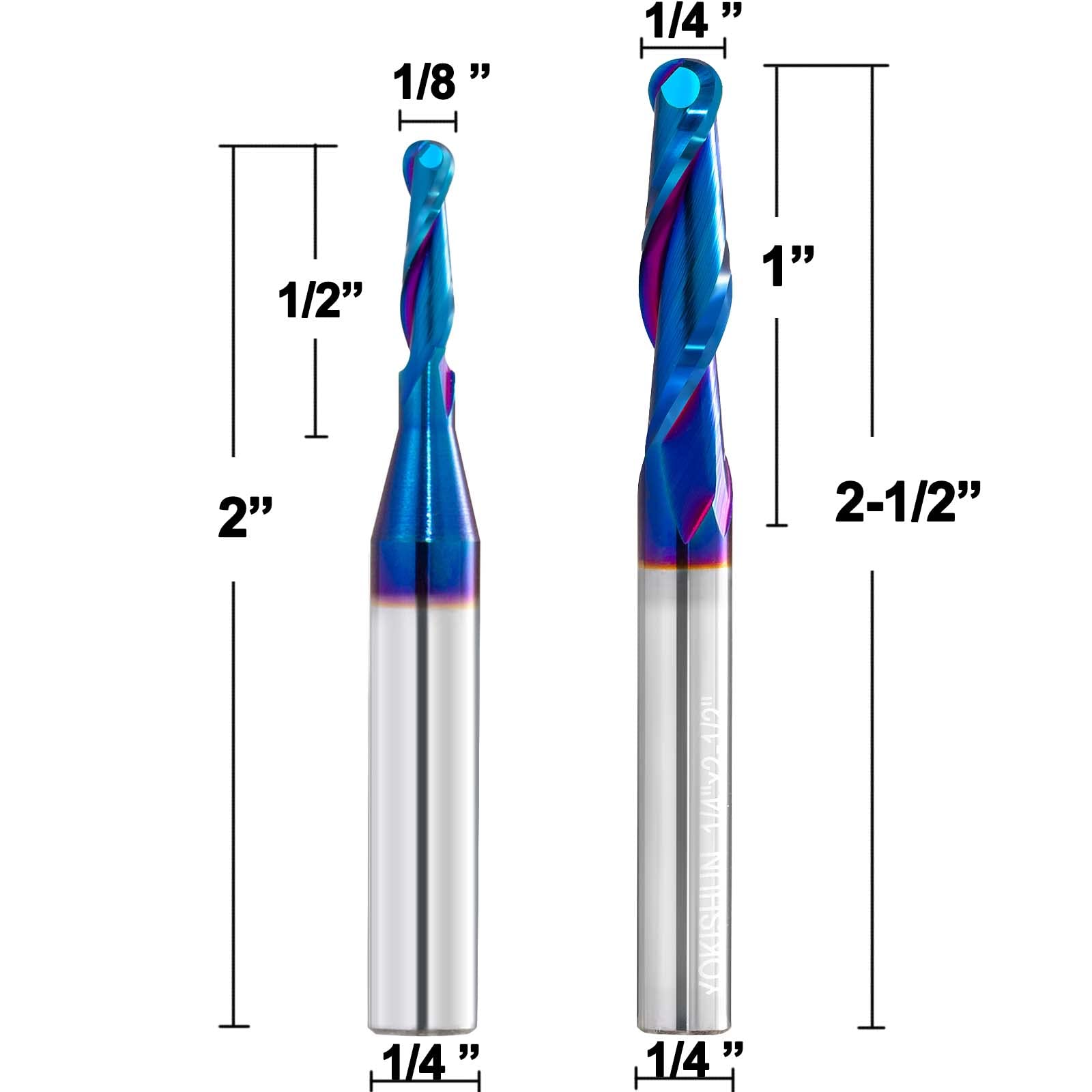 2 PCS Ball Nose Set CNC Router bits Carbide Ball Nose End Mill with Nano Blue Coating for Side Milling. End Milling. Finish Machining. (2 PSC Ball Nose Set)