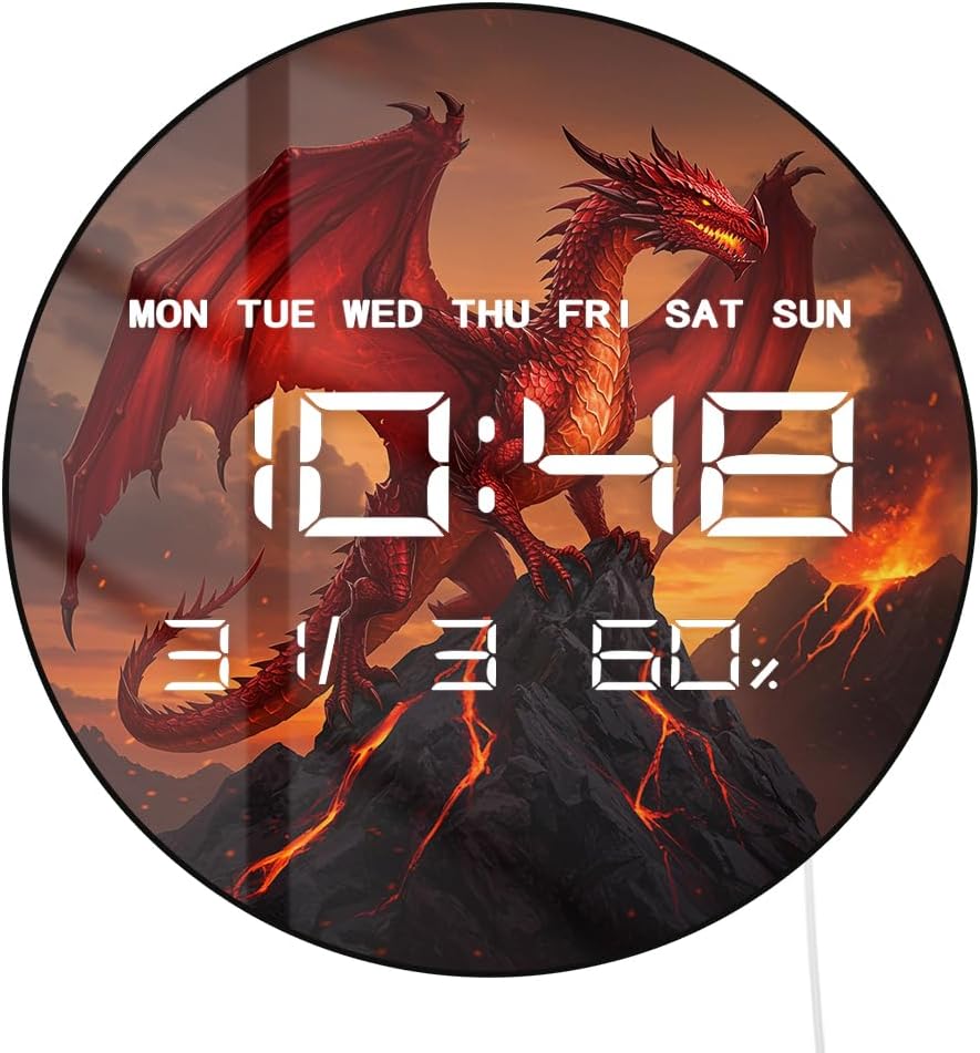 12'' Red Fire Dragon Digital Wall Clock LED Display, Fantasy Medieval Gothic Decor Electric Wall Clock with Temperature, 12/24hr, Date, Auto-Brightness, USB Powered for Bedroom Living Room