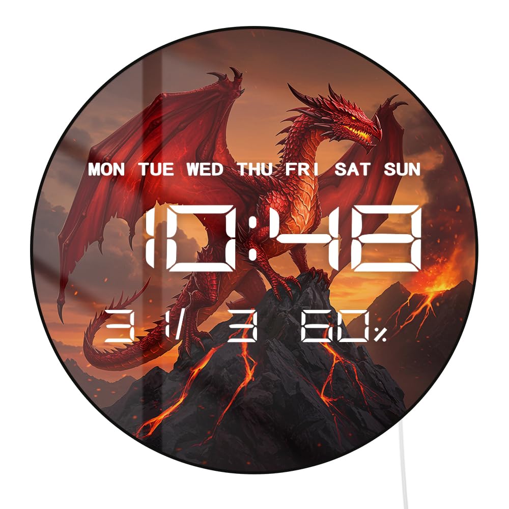 12'' Red Fire Dragon Digital Wall Clock LED Display, Fantasy Medieval Gothic Decor Electric Wall Clock with Temperature, 12/24hr, Date, Auto-Brightness, USB Powered for Bedroom Living Room