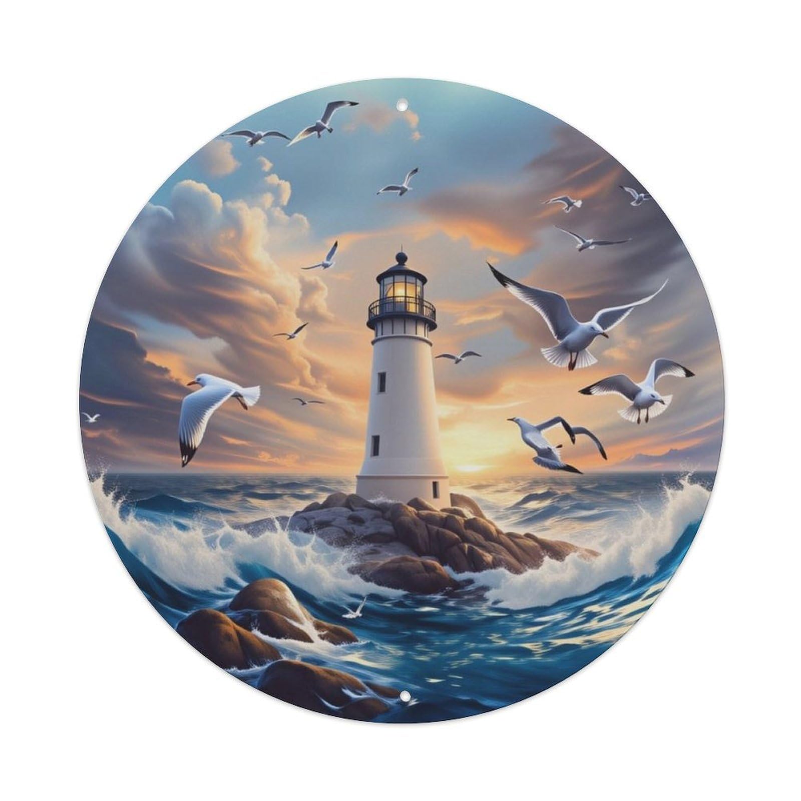 Sunset Coastal Lighthouse Seagull Scenery Round Decor Sign Vintage Aluminium Metal Sign, Retro Wall Decor for Home, Bar, Garage & Farmhouse 20x20cm