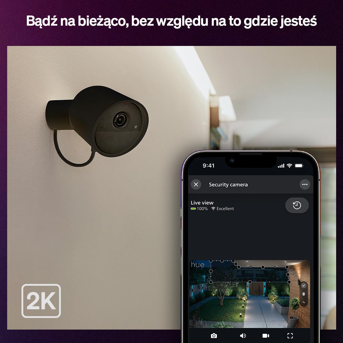 Philips Hue Secure kamera przewodowa, rozdzielczość 2K, powiadomienia o wykryciu ruchu, płynna integracja z oświetleniem Hue, ciągłe zasilanie przewodowe, do użytku wewnątrz i na zewnątrz, czarna