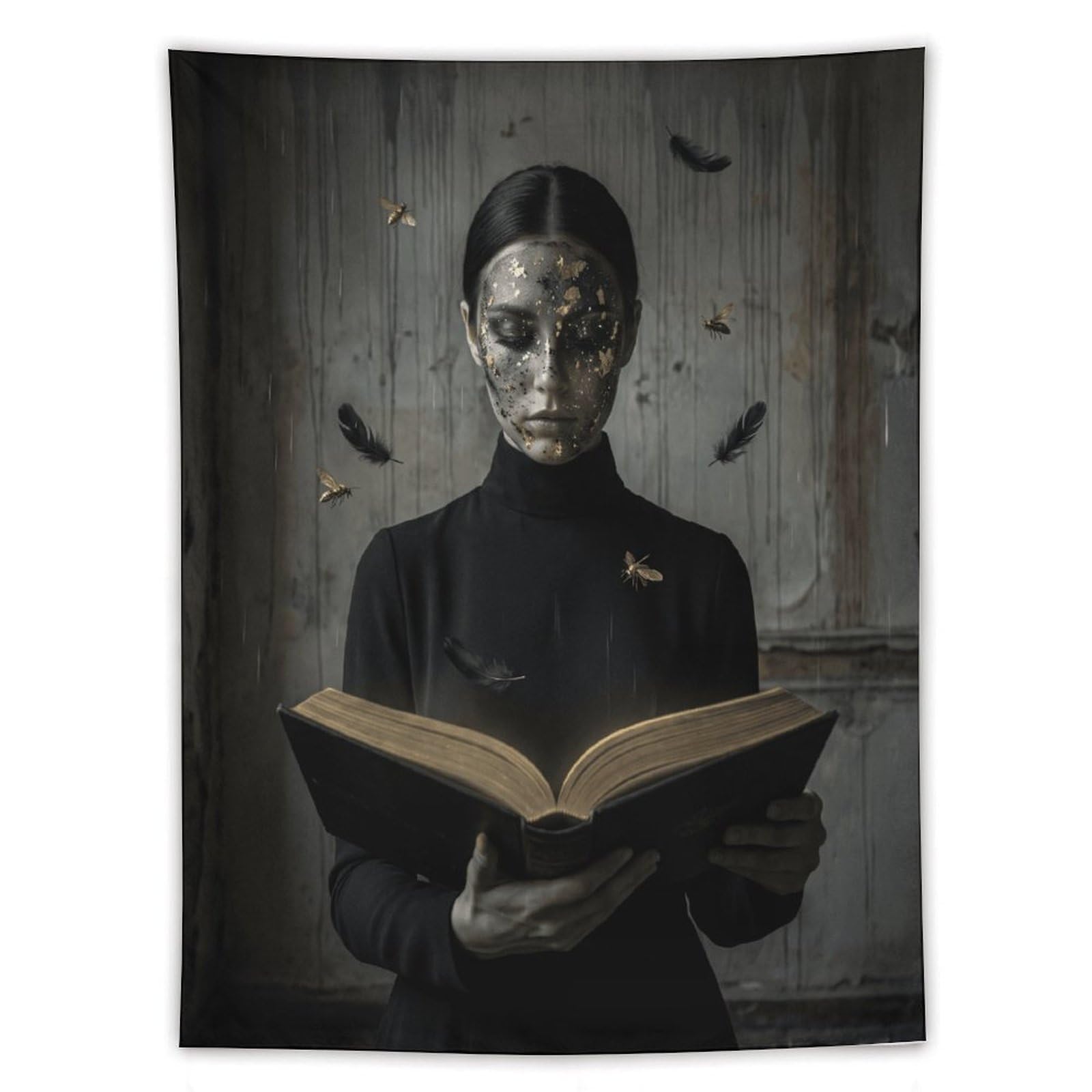 W7C8U2X3 Silver Mask Reader Wall Tapestry, Detailed Illustration