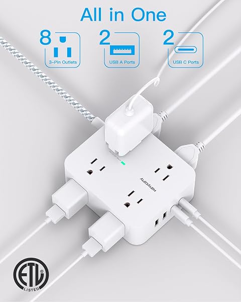 HANYCONY Surge Protector Power Bar - 8 Outlets 4 USB Charging Ports(2 USB C), Power Strip with 5Ft Braided Extension Cord, Flat Plug, Wall Mount Desk USB C Charging Station for Home Office College Essentials in use
