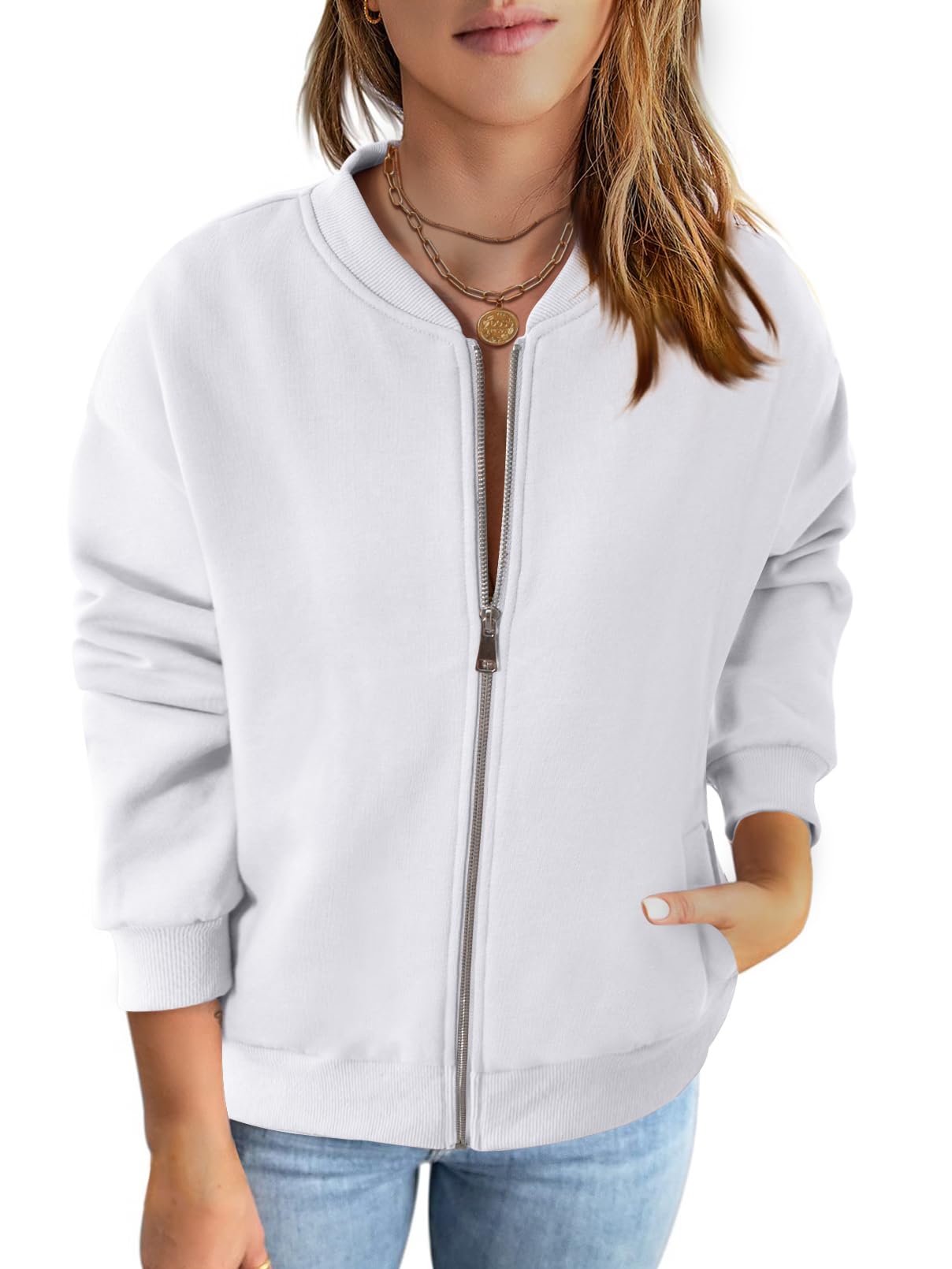 Womens Long Sleeve Zip Up Sweatshirts Jackets Casual Loose Outwear with Pockets