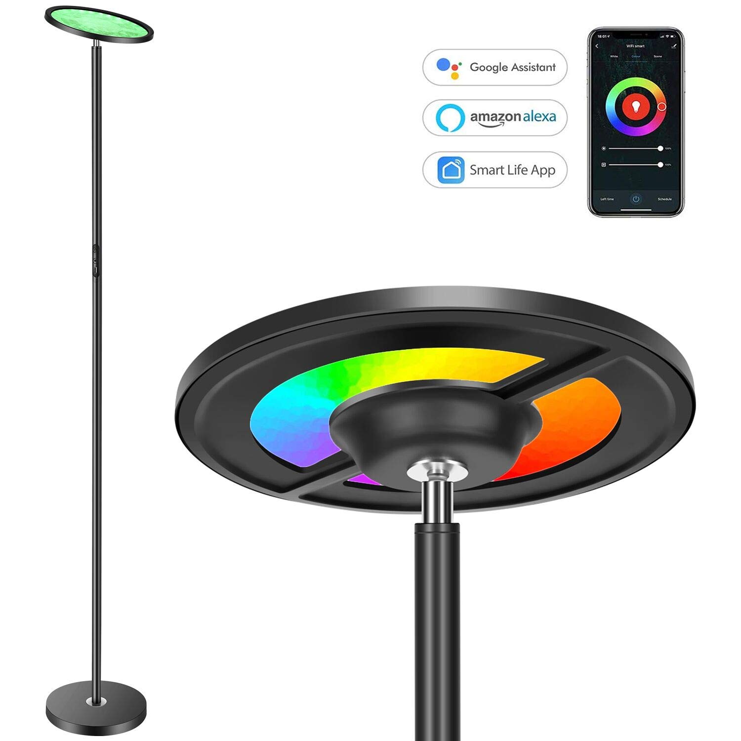 Torkase 66 in. Smart Sky LED Torchiere Floor Lamp Works with Alexa Google Home, Dimmable Color Changing, 2000LM Super Bright, App & Touch Control for Living Room Bedroom Office Reading & Decor-Black