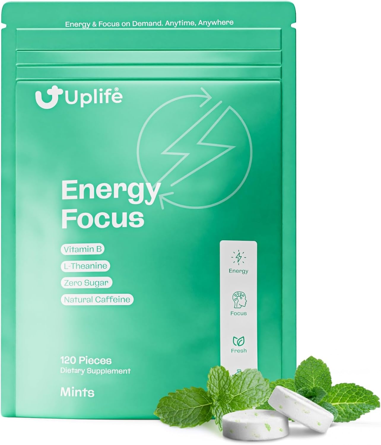UPLIFE Focus and Energy Mints 120 Pcs – Made in USA - Fast-Acting 40 mg Nootropic Natural Caffeine Gum with 80 mg L-Theanine & B12 Sugar-Free & Vegan Mints for Natural Energy Boost & Freshness