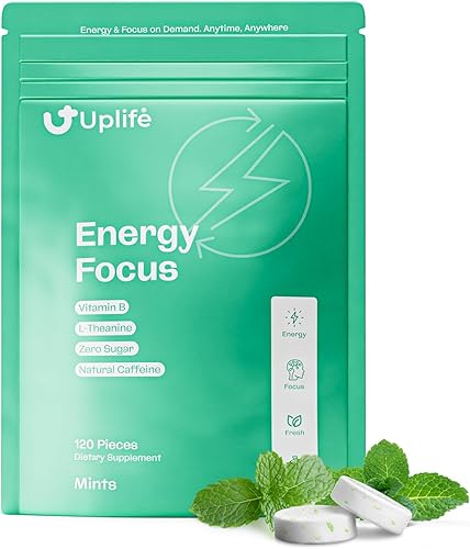 UPLIFE Focus and Energy Mints - 120 unidades  Hecho en Estados Unidos  Goma de cafeína de acción rápida de 40 mg con 80 mg de L-teanina y B12  Sin