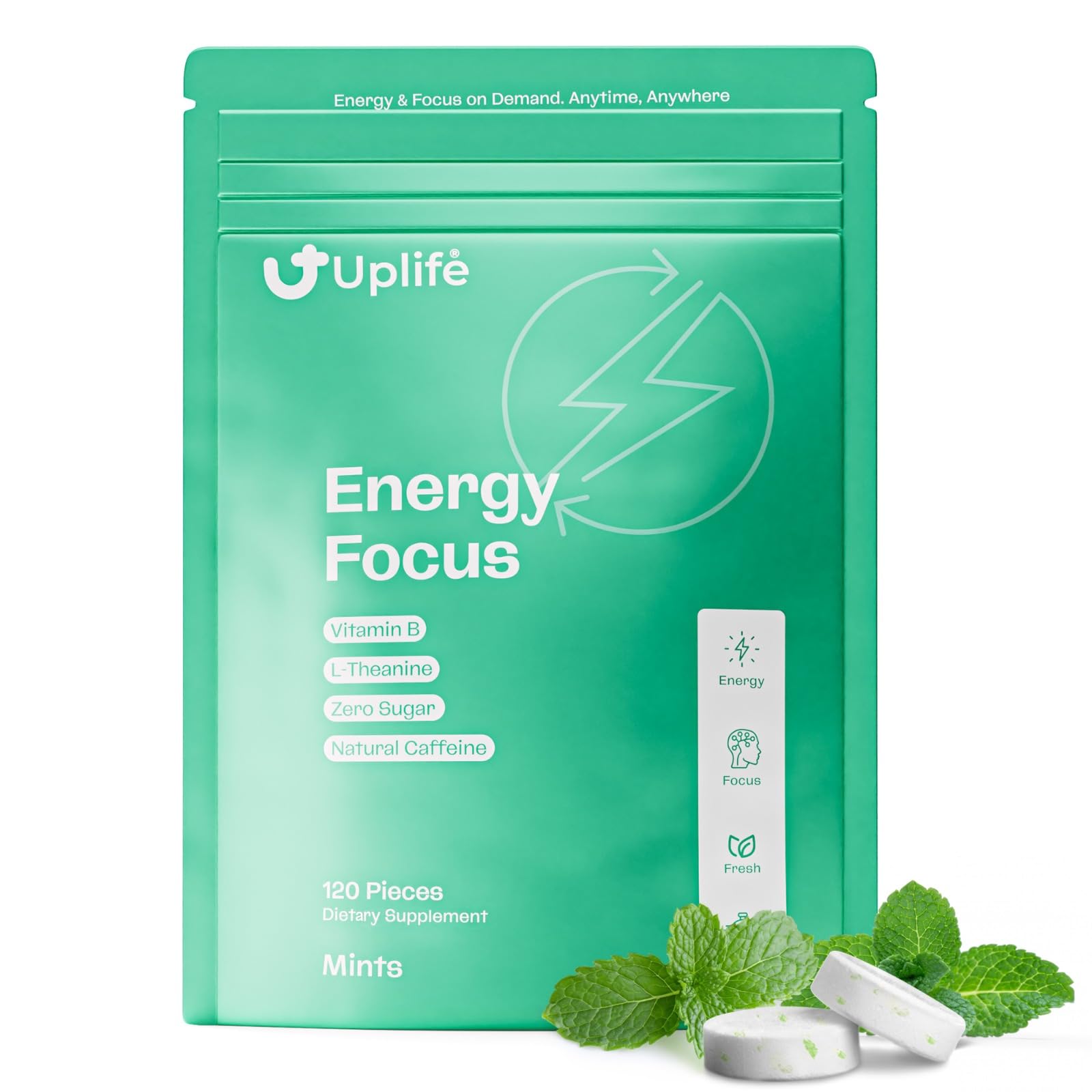 UPLIFE Focus and Energy Mints 120 Pcs – Made in USA - Fast-Acting 40 mg Nootropic Natural Caffeine Gum with 80 mg L-Theanine &amp; B12 Sugar-Free &amp; Vegan Mints for Natural Energy Boost &amp; Freshness