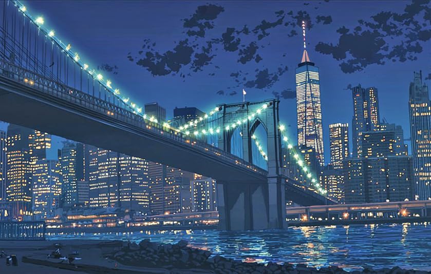 TDFERAN 40x50cm Peinture Diamant Rond Pont de Brooklyn New York Scène Belle vue au Bord de Larivière Nuit Paysage Peinture de Paysage de Pierres Précieuses...