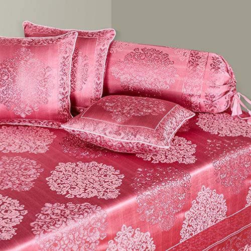 Image of Victor Poly Cotton Styria Satin Diwan Set 8 Pcs (1 Bedcover - 60 inchx90 inch, 2 Bolsters - 16 inch x 32 inch & 5 Cushion Covers - 16 inch x 16 inch) Damask Geometrical Pattern, Exclusive for Wedding, Pink