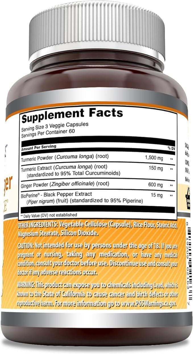 Amazing Formulas Turmeric Curcumin & Ginger with BioPerine 2250 mg Per Serving Veggie Capsules | Non-GMO | Gluten Free | Made in USA | Ideal for Vegetarians (3 Pack | 180 Count)