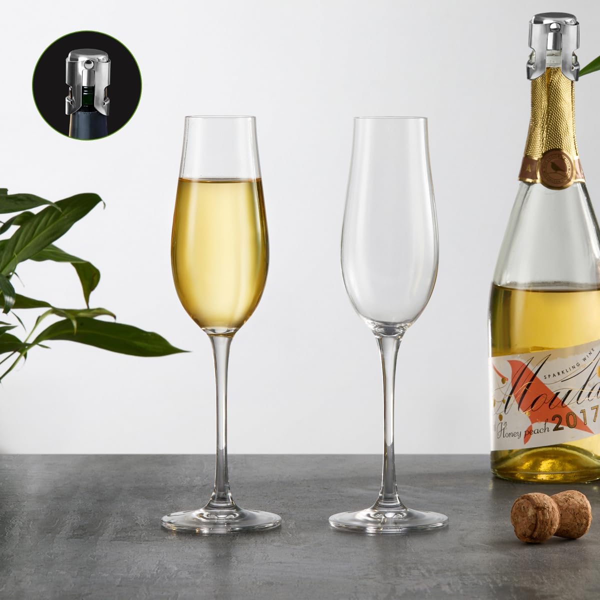 Champagne Flutes - Set of 2 Hand Blown Crystal Clear Glass - 8.2 Oz Champagne Glasses with Champagne Stopper and Gift Box - for Prosecco, Mimosa, Sparkling Wine - Image 7