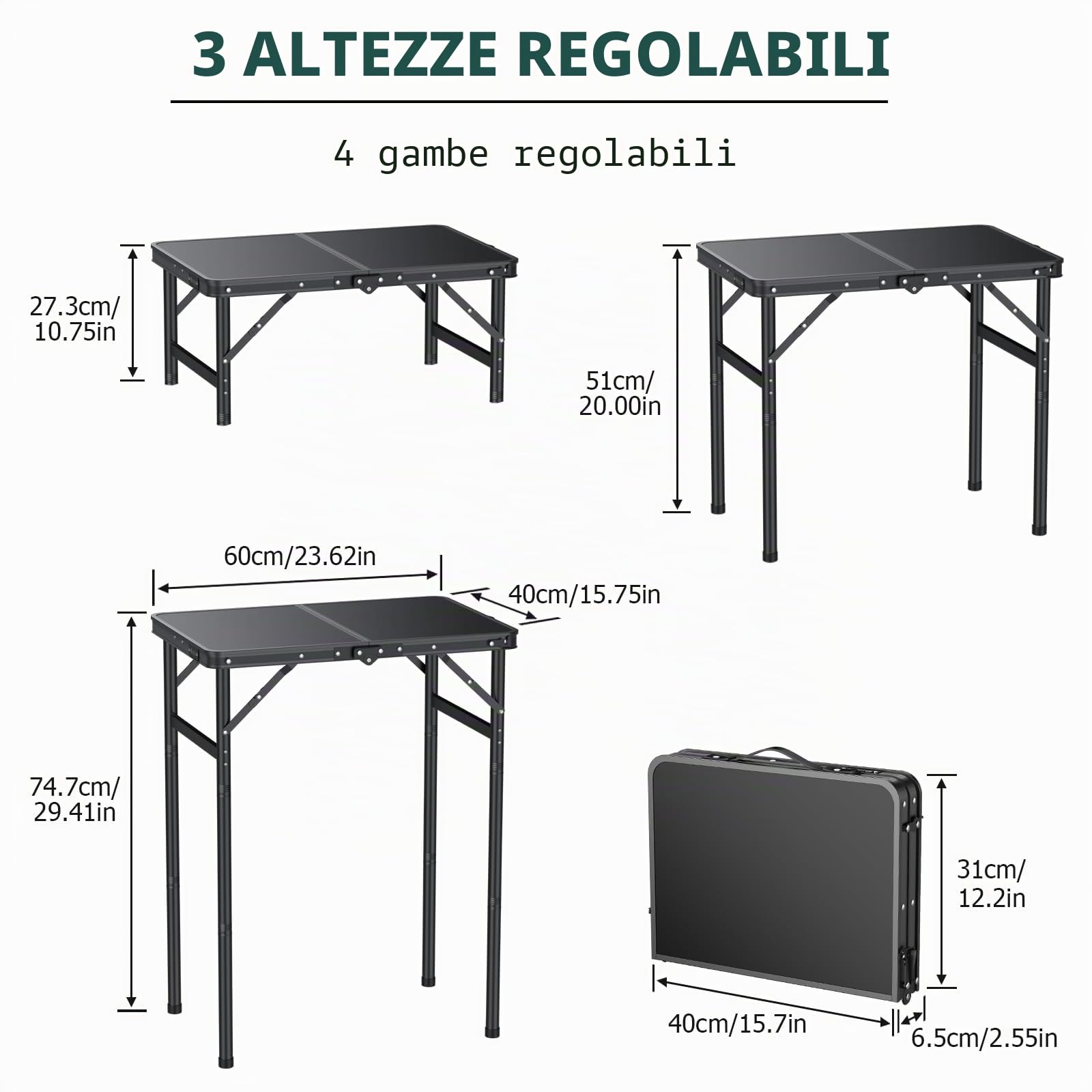 JiGiU Tavolo da Picnic Pieghevole per Esterno in MDF Nero con Gambe Filettate in Metallo, 3 Altezze Regolabili (27.3/51/74.7 cm), Portatile - per Campeggio, Giardino, Spiaggia