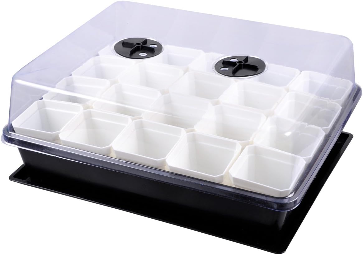eZAKKA 37x30cm Seed Starter Tray Seed Seedling Starting Kit Plant Germination Kit Humidity Dome with 20 Pieces Square Seed Starter Pots (Black Pots)
