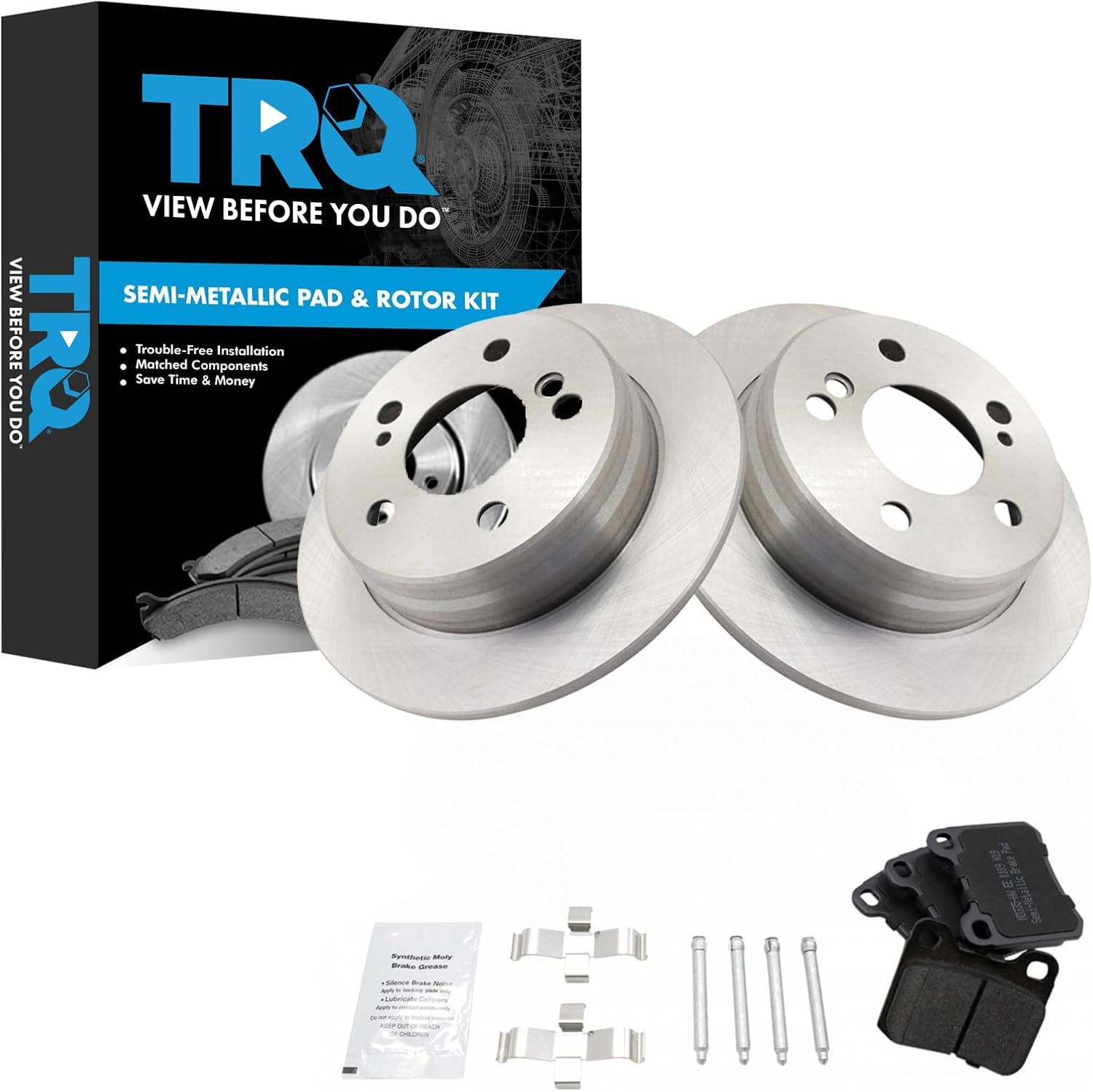 TRQ Rear Brake Pad and Rotor Set Semi Metallic Rotors Compatible with 1984-1989 Mercedes-Benz 190D 1984-1993 190E 1987-1989 260E 1988-1989 300CE 1990-1993 300D 1986-1993 300E 1995 E300