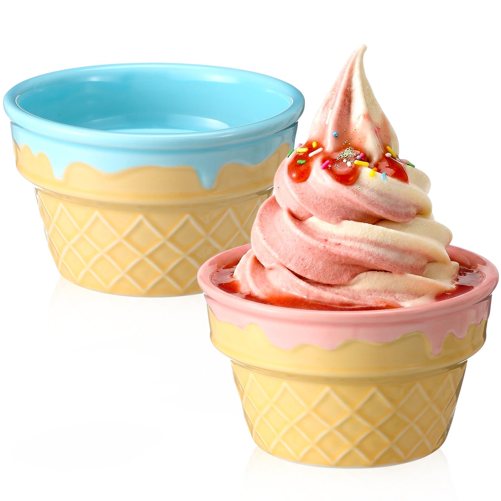 2 Pcs Ceramic Ice Cream Bowl 9 oz Porcelain Waffle Cone Cup, Blue,Pink