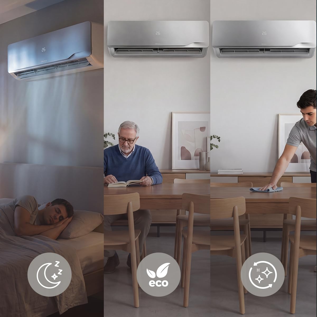 Cecotec Climatiseur Split AirClima 12000 Wind Connected Inverter, 12000 BTU, pompe à chaleur, 5 modes, classe A++, déshumidificateur 21,6 l/jour, écran LED, minuterie 24h, filtre lavable