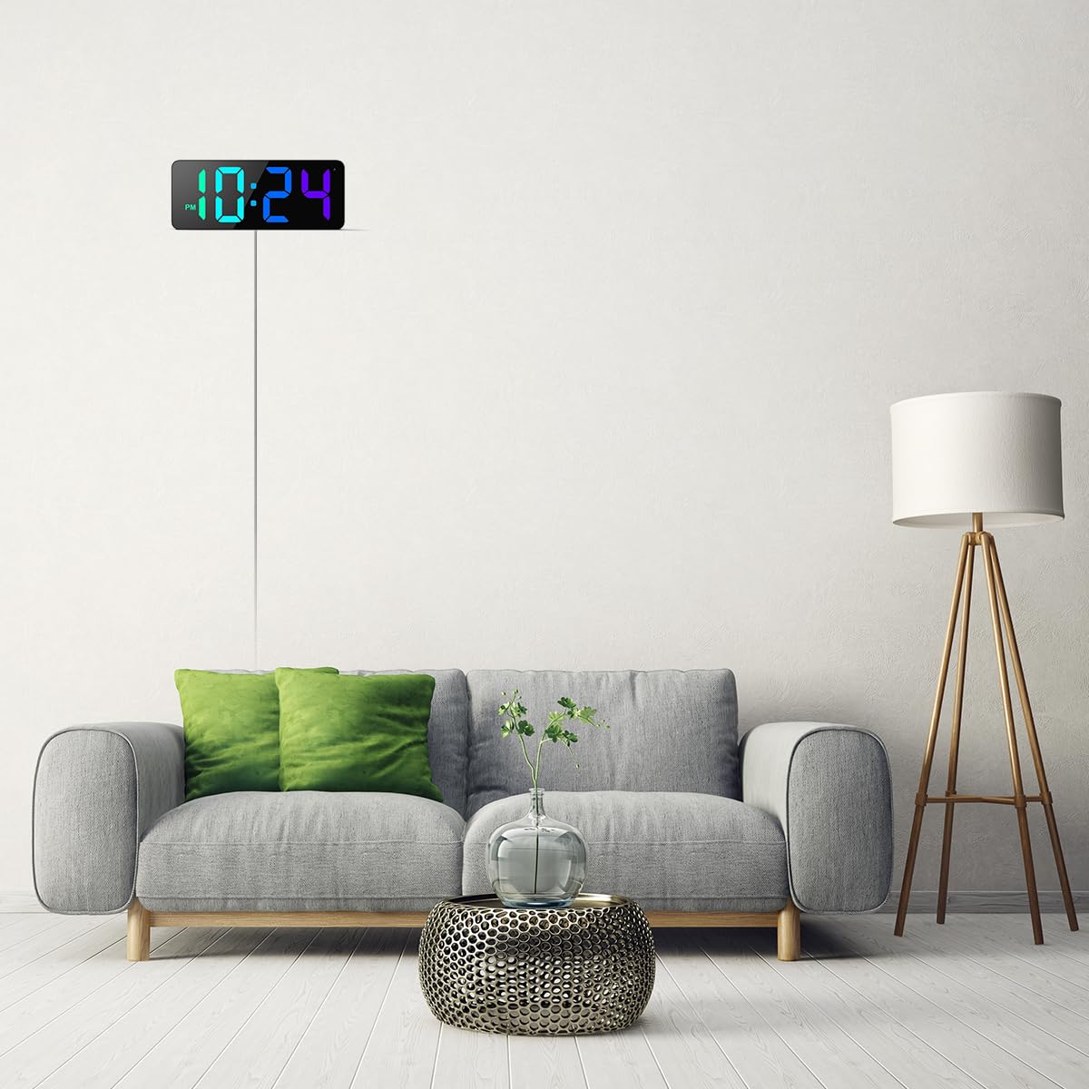 Horloge murale numérique LED avec affichage RVB dynamique, gros chiffres, luminosité automatique, format 12/24 heures, petite horloge murale électrique moderne silencieuse pour salon, chambre, salle