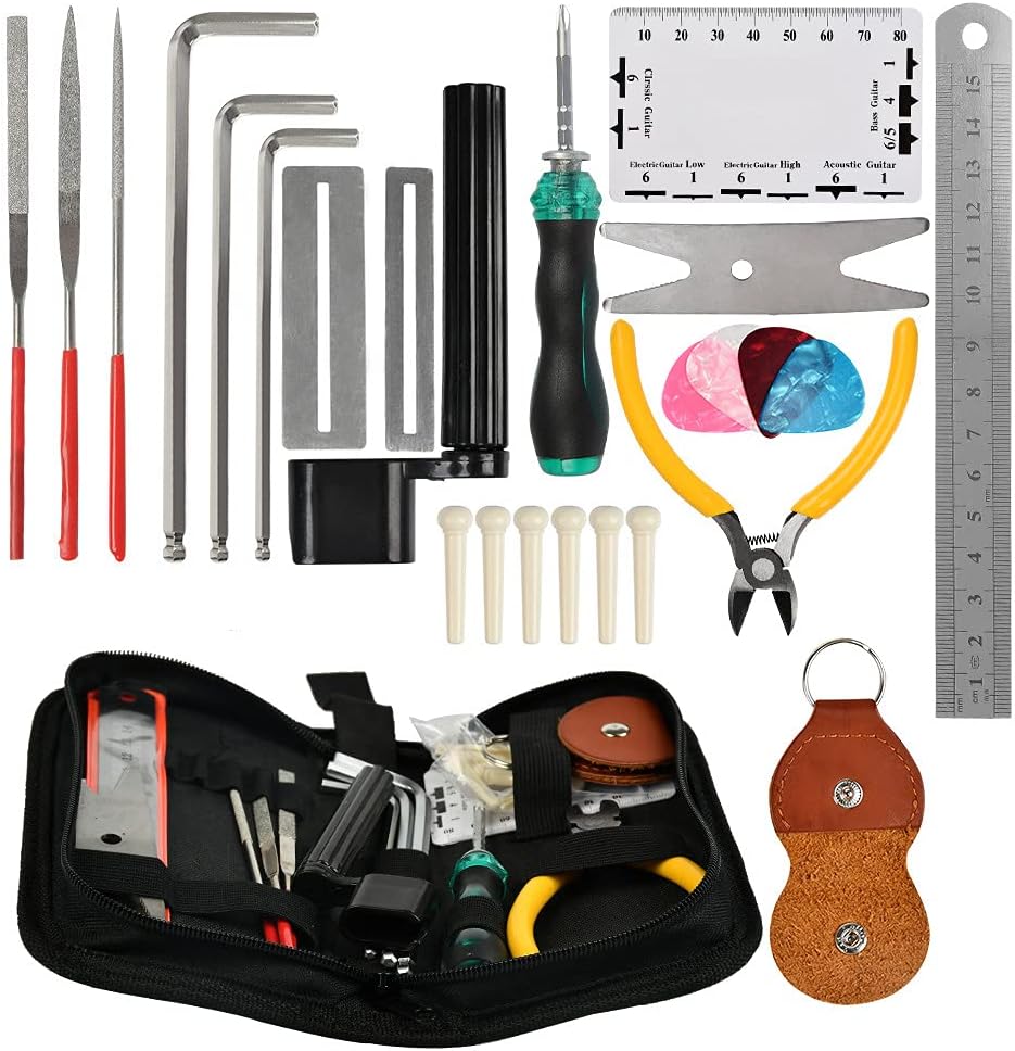 TIMESETL26 Pcs Guitar Repairing Tool Kit with Wire Plier, String Organizer, Fingerboard Protector, Hex Wrenches, Files, String Action Ruler, Spanner Wrench, Bridge Pins for Guitar Ukulele Bass Mandol