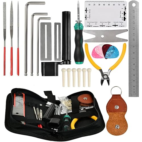 TIMESETL Guitar Repairing Tool Kit with Wire Plier, String Organizer, Fingerboard Protector, Hex Wrenches, Files, String Action Ruler, Spanner Wrench, Bridge Pins for Guitar Ukulele Bass Mandol
