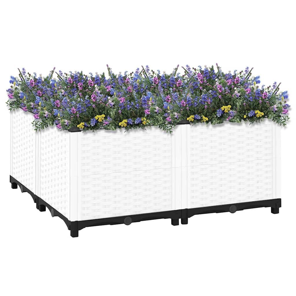 Jardinera elevada 80 x 80 x 38 cm de polipropileno blanco para plantas y flores, gran maceta de jardín con diseño de ratán, ideal para huerto y hierbas aromáticas, material ligero