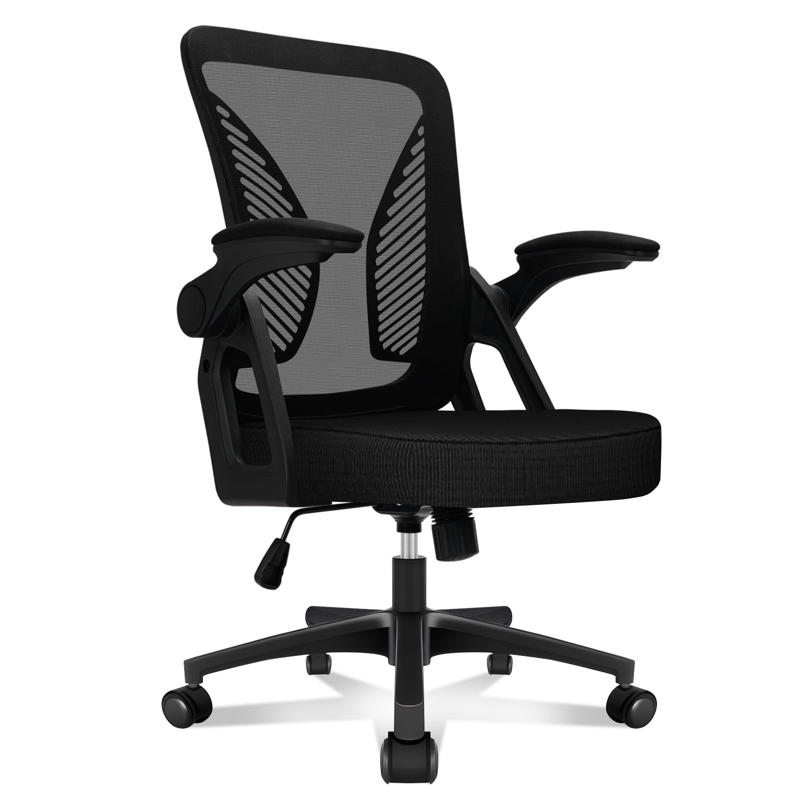 Sedia Ufficio Ergonomica, Sedia da Scrivania in Rete Traspirante con Supporto Lombare, Braccioli Ribaltabili a 90°, Altezza Regolabile, Inclinabile, Girevole 360°, Portata 130 kg, Nera