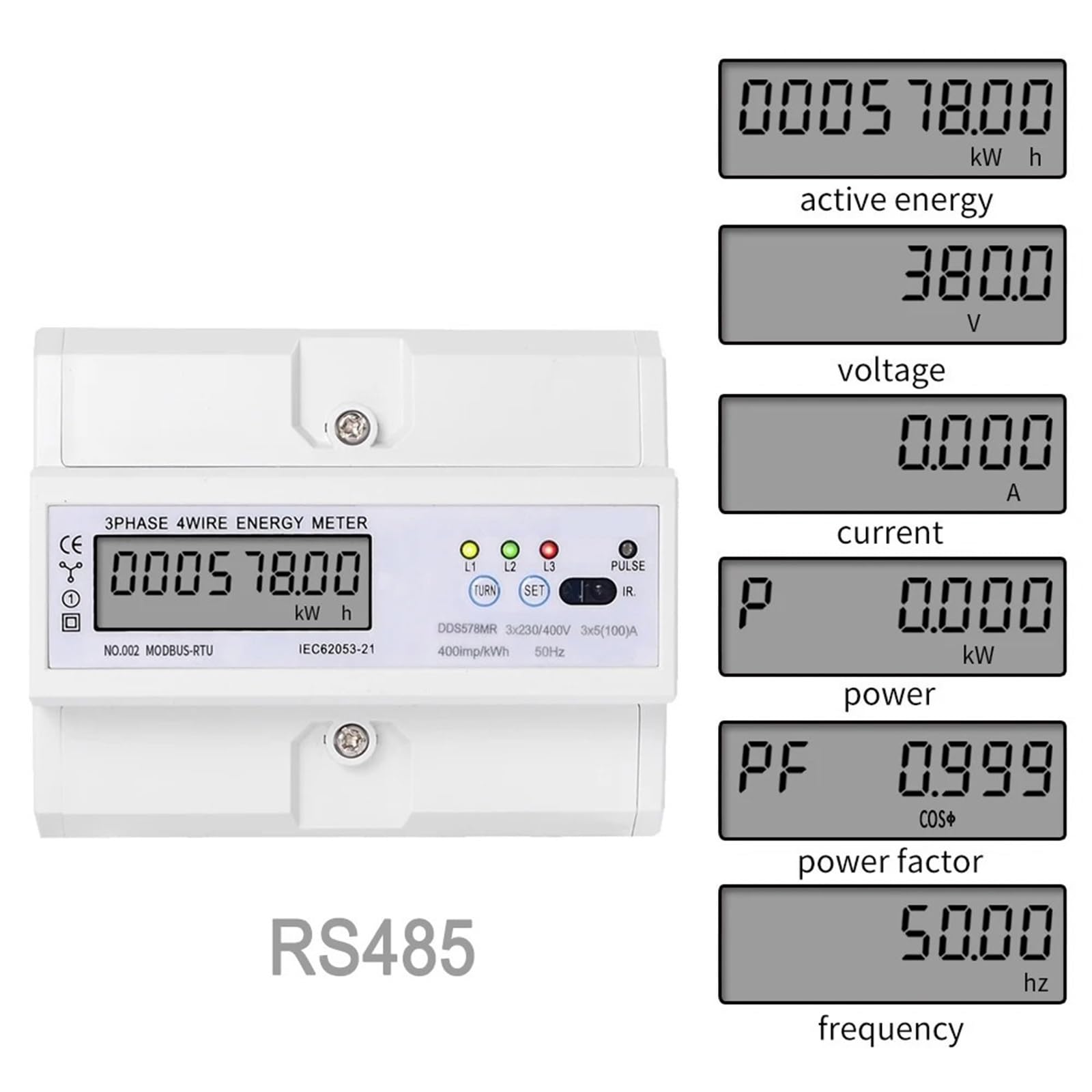 RS485 220/380V 5-100A 3 Phase 4 Wire Energy Meter Digital Power Factor Monitor with Voltage Current Frequency Display 1Pcs