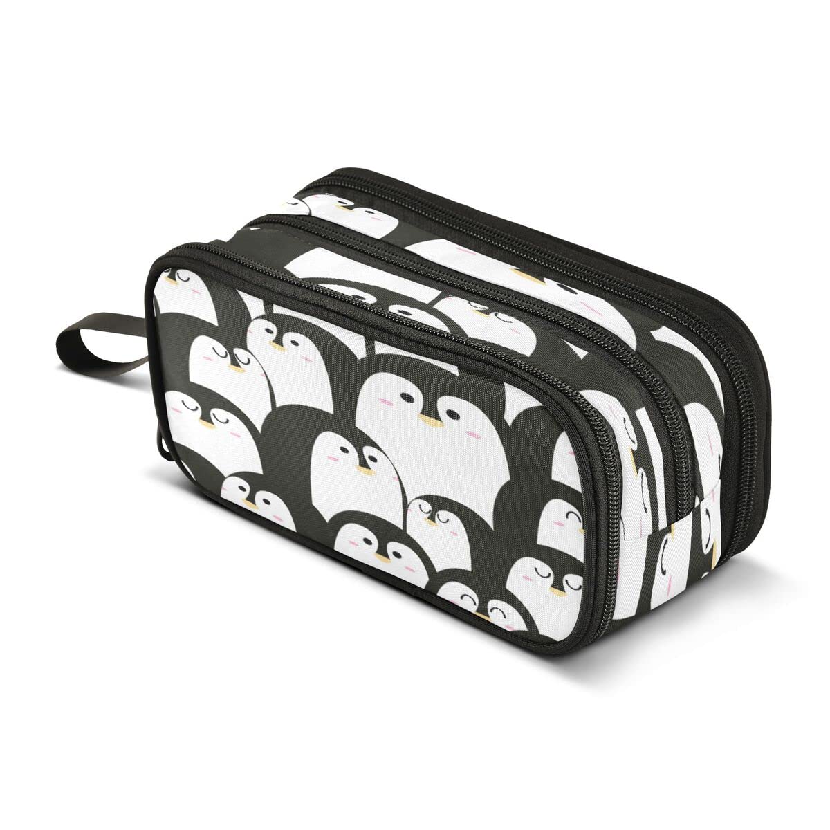 Cute Animal Penguin Black and White Color Pencil Case 3 Compartment Pen Bag Pouch Holder Box School Portable Stationery Storage Bag for Girls Boys