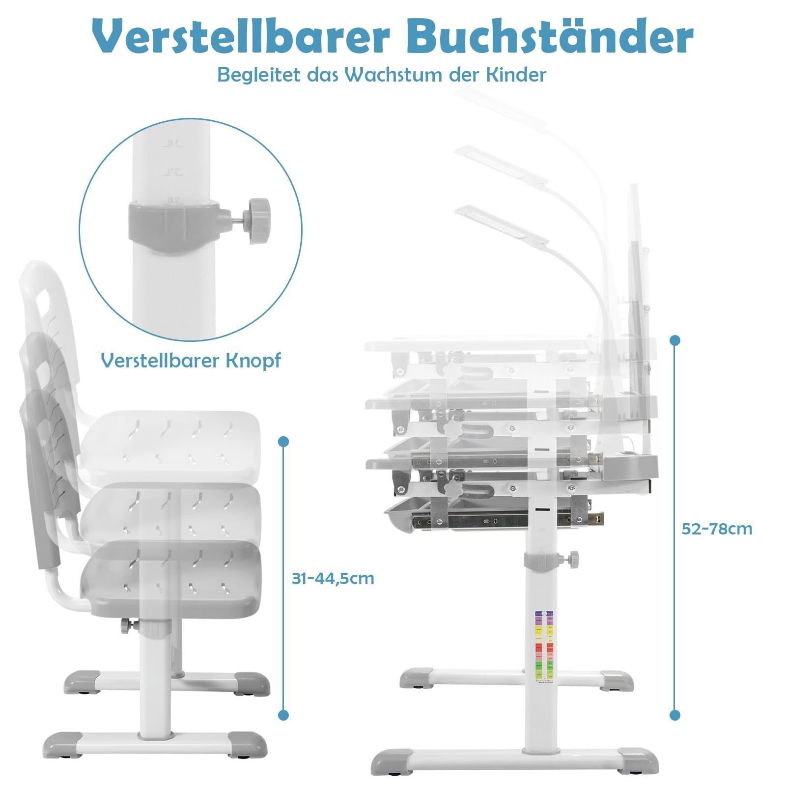 FANTASK höhenverstellbarer Kinderschreibtisch Set mit gekippter Tischplatte & Schublade & mit Bücherständer & LED-Licht, Kinder Schreibtisch (Grau)