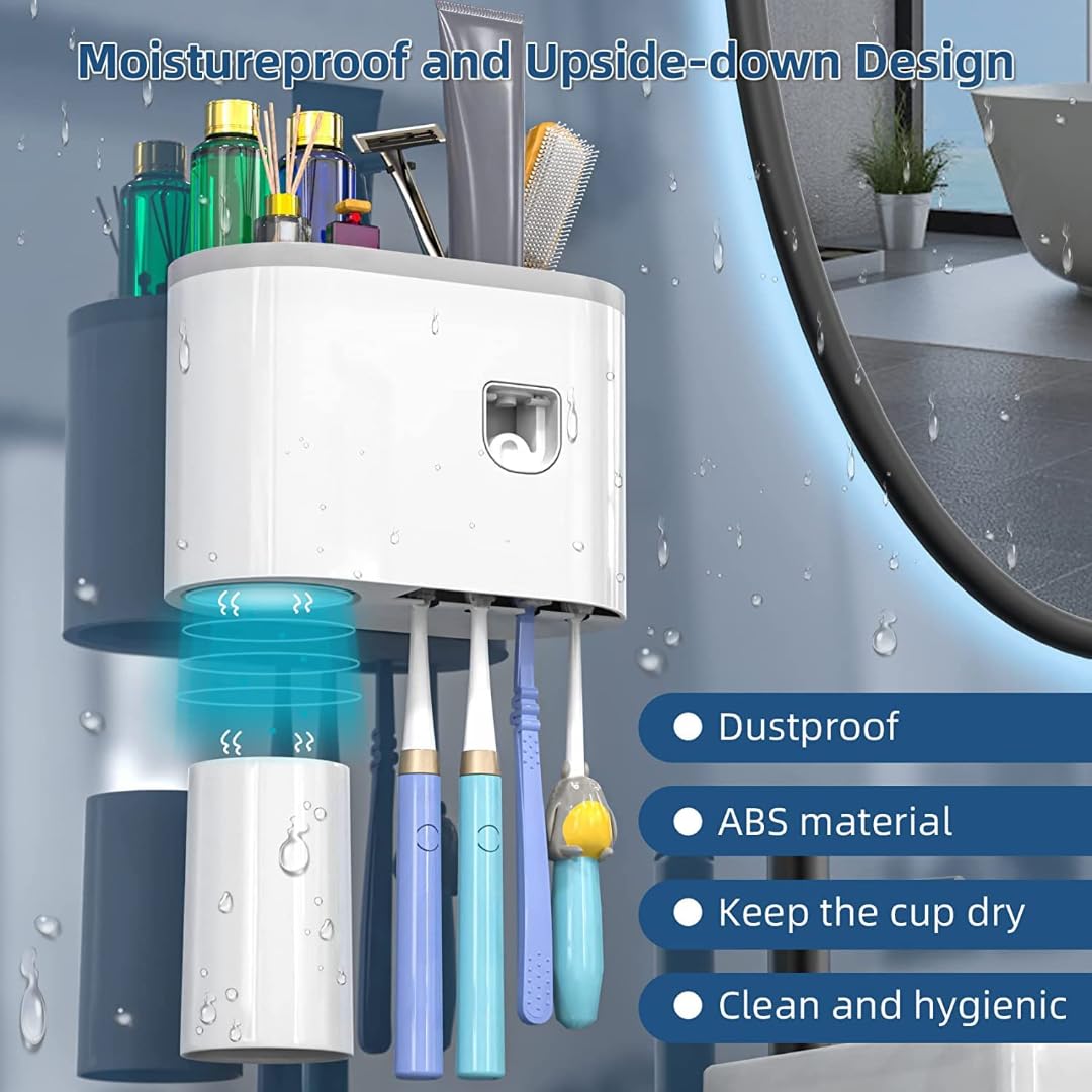Soporte para cepillo de dientes montado en la pared, soportes para cepillo de dientes para baño, dispensador de pasta de dientes con 4 ganchos para cepillo de dientes (1 taza)