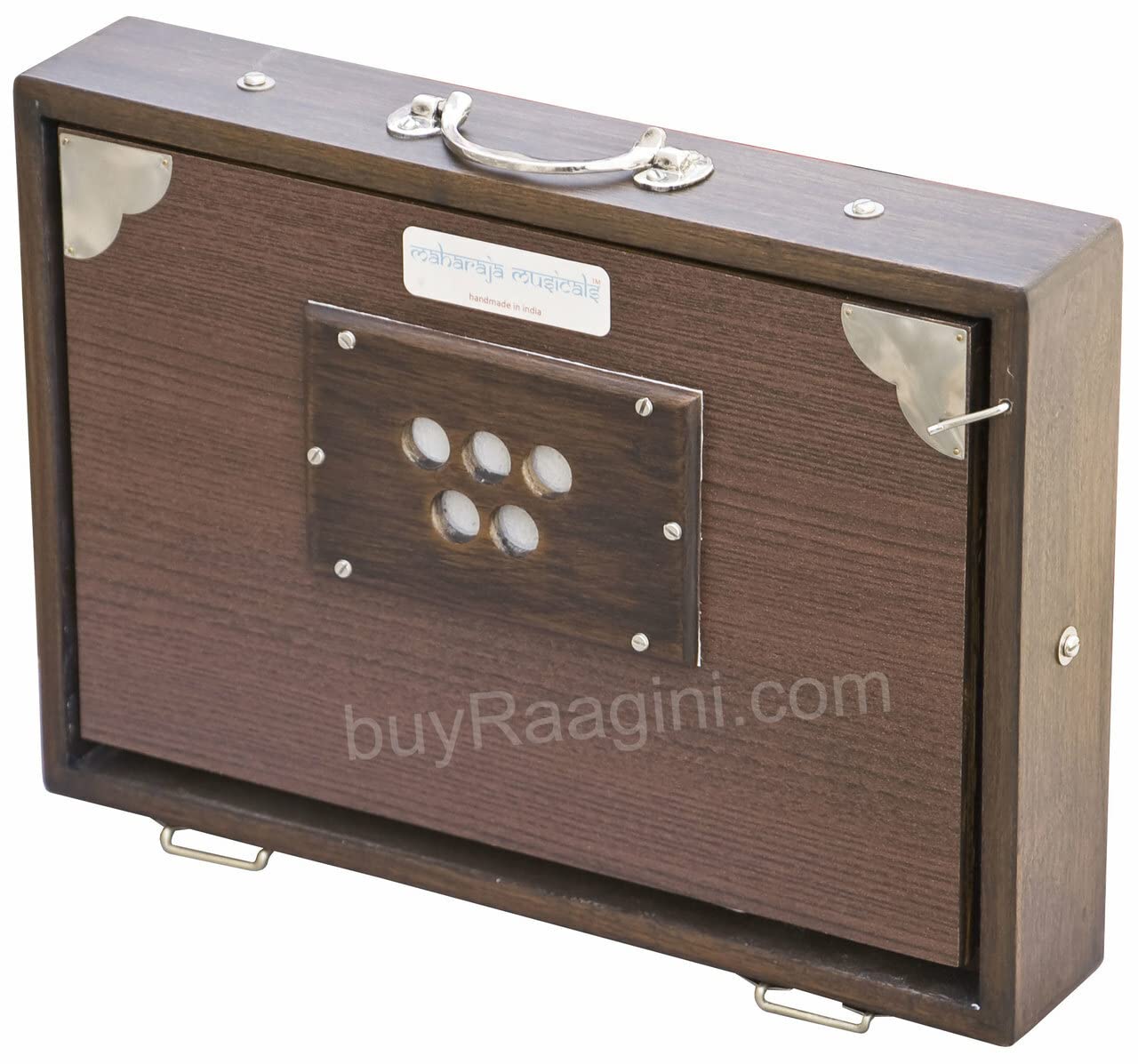 Shruti Box Instrument, Maharaja Musicals, klein, 33 x 9,5 x 7,6 cm, blemished, mit Tasche, Walnussfarbe, 13 Noten, Sur Peti Surpeti, indisches Musikinstrument (PDI-FAH)