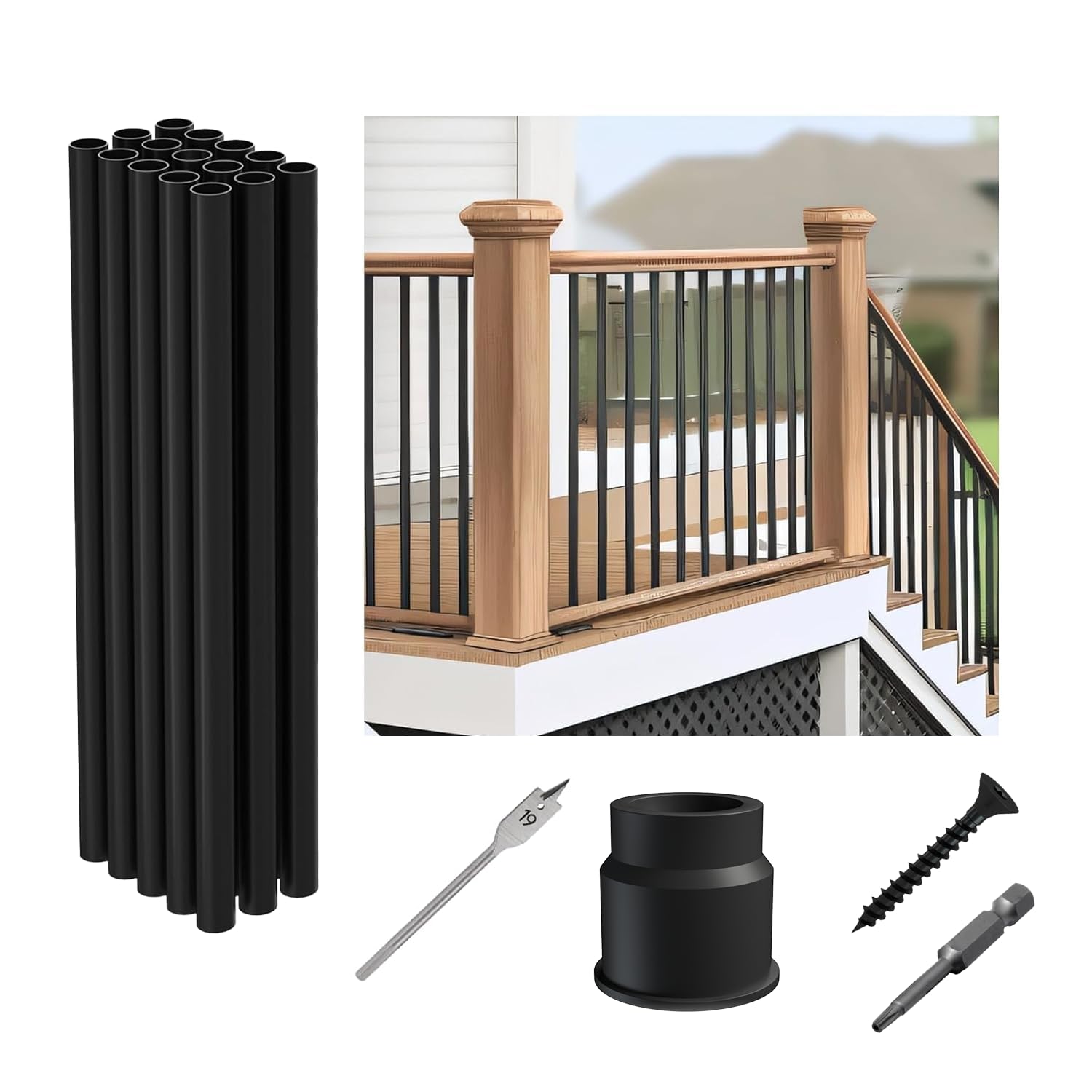 32"-15Pack Aluminum Deck Balusters Hollow Round Deck Railing Spindles Matte Coated Black for Wood and Composite Deck Indoor Outdoor