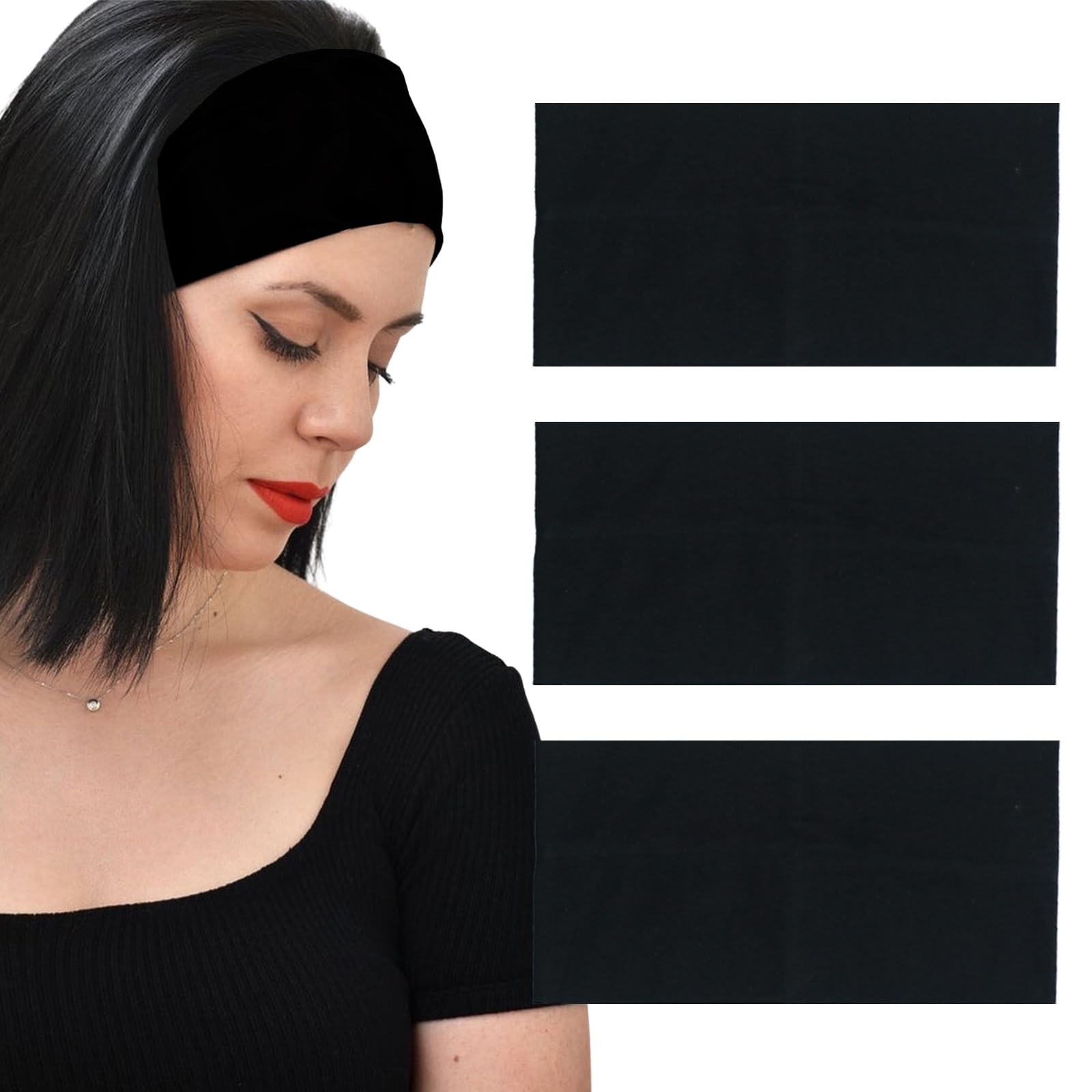 MLMOMVME Headbands for Women 3 Pcs Black Wide Cotton Non-slip Stretchy Elastic Head Wrap Holder Hair Accessories