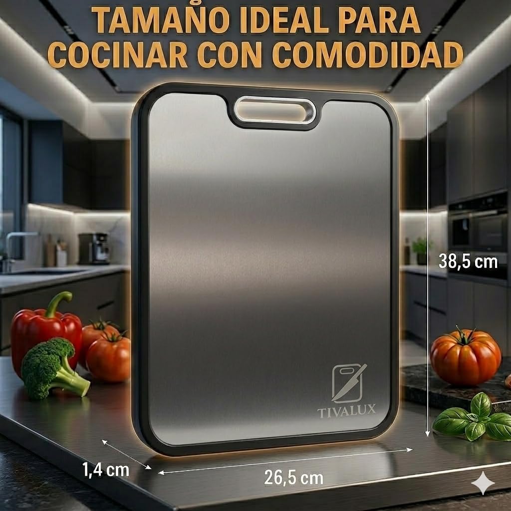 1 Tabla de Cortar Titanio 100% Puro – TIVALUX | Tabla Cocina Titanio 38,5x26,5cm Grande | Certificada LFGB y CE | Doble Cara Antibacteriana | Sin BPA | Trigo Ecológico | Tabla de Cortar Cocina Premium